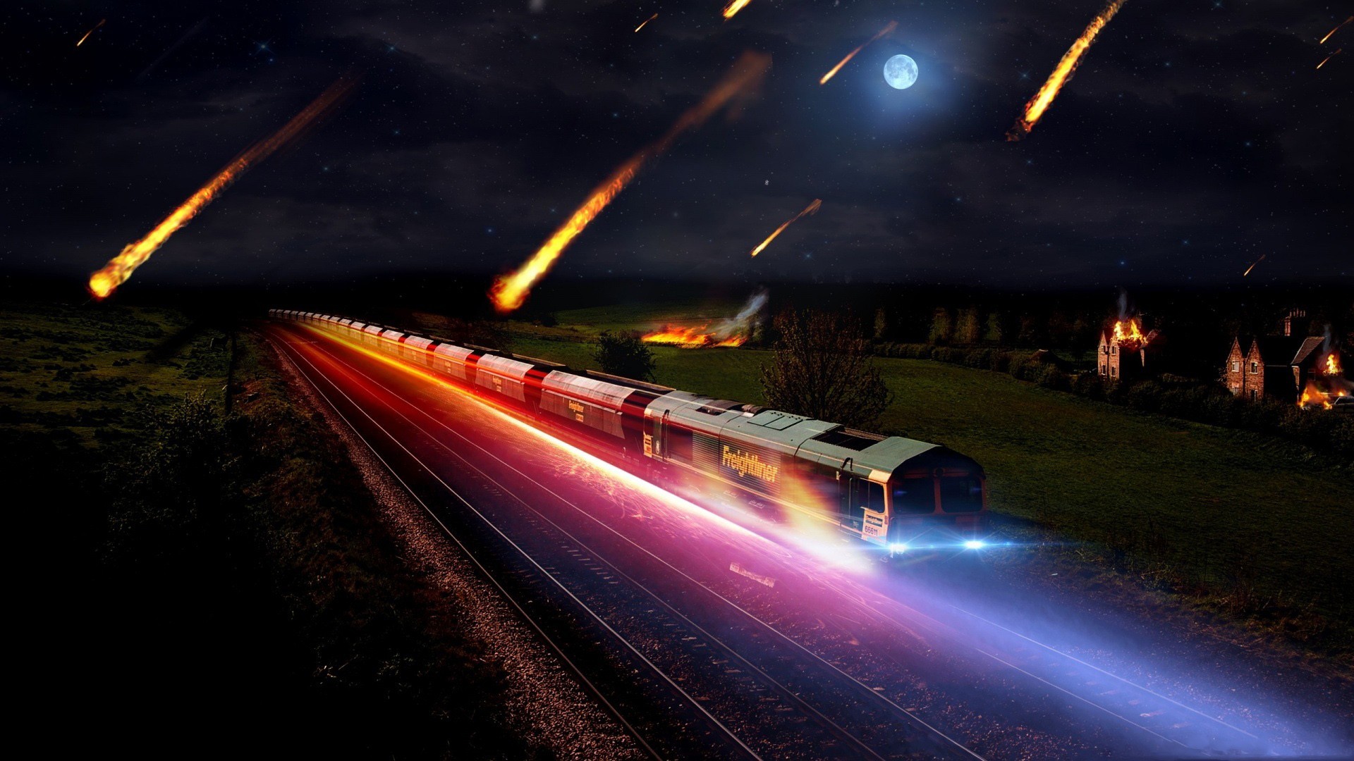 Train Tracks Railway Meteors Digital Art 1920x1080