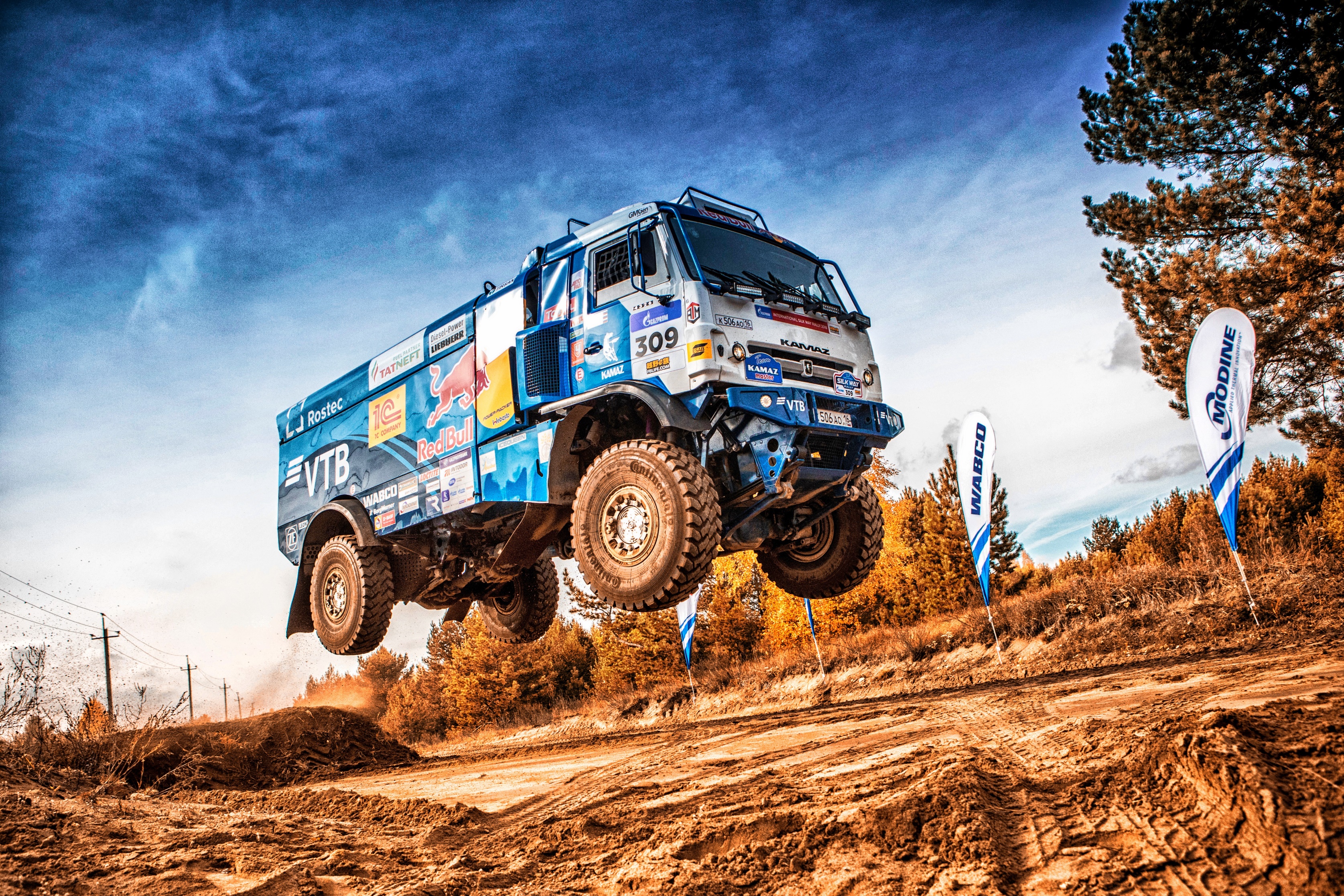 Racing Rally Truck Vehicle Dirt Jumping Blue Sky Kamaz Dutch Tilt 3350x2233