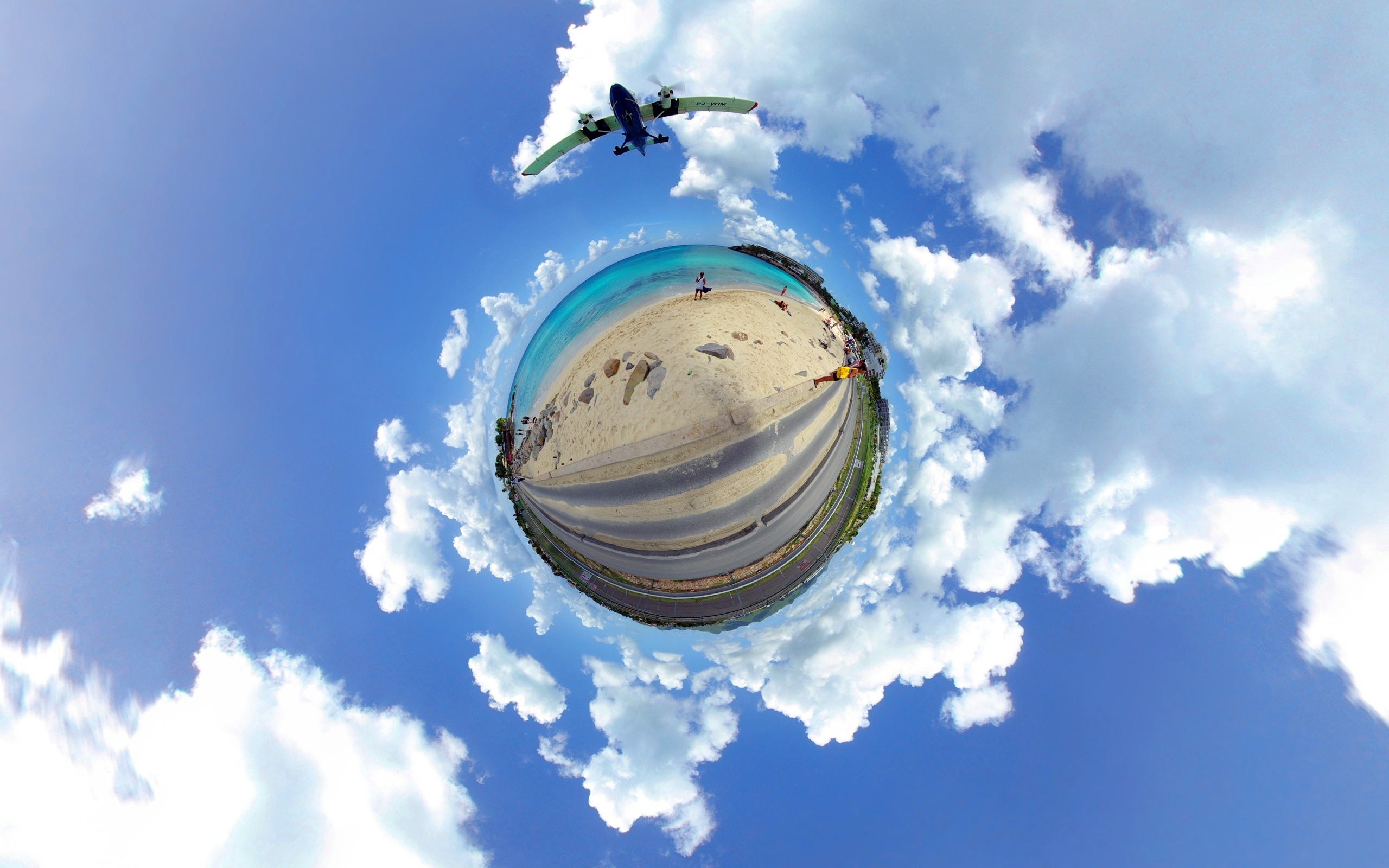 Clouds Beach Airplane Surreal Panoramic Sphere 2560x1600