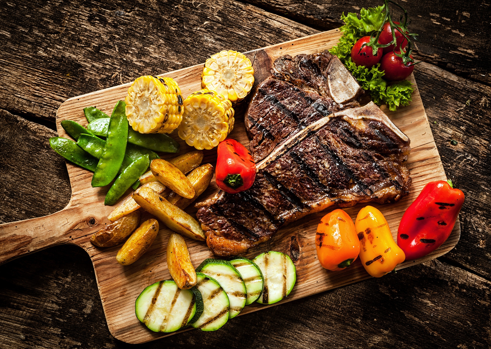 Food Fries Meat Vegetables Top View Cutting Board Cow Flesh Muscles Animals Death Corn Bell Peppers  2048x1455
