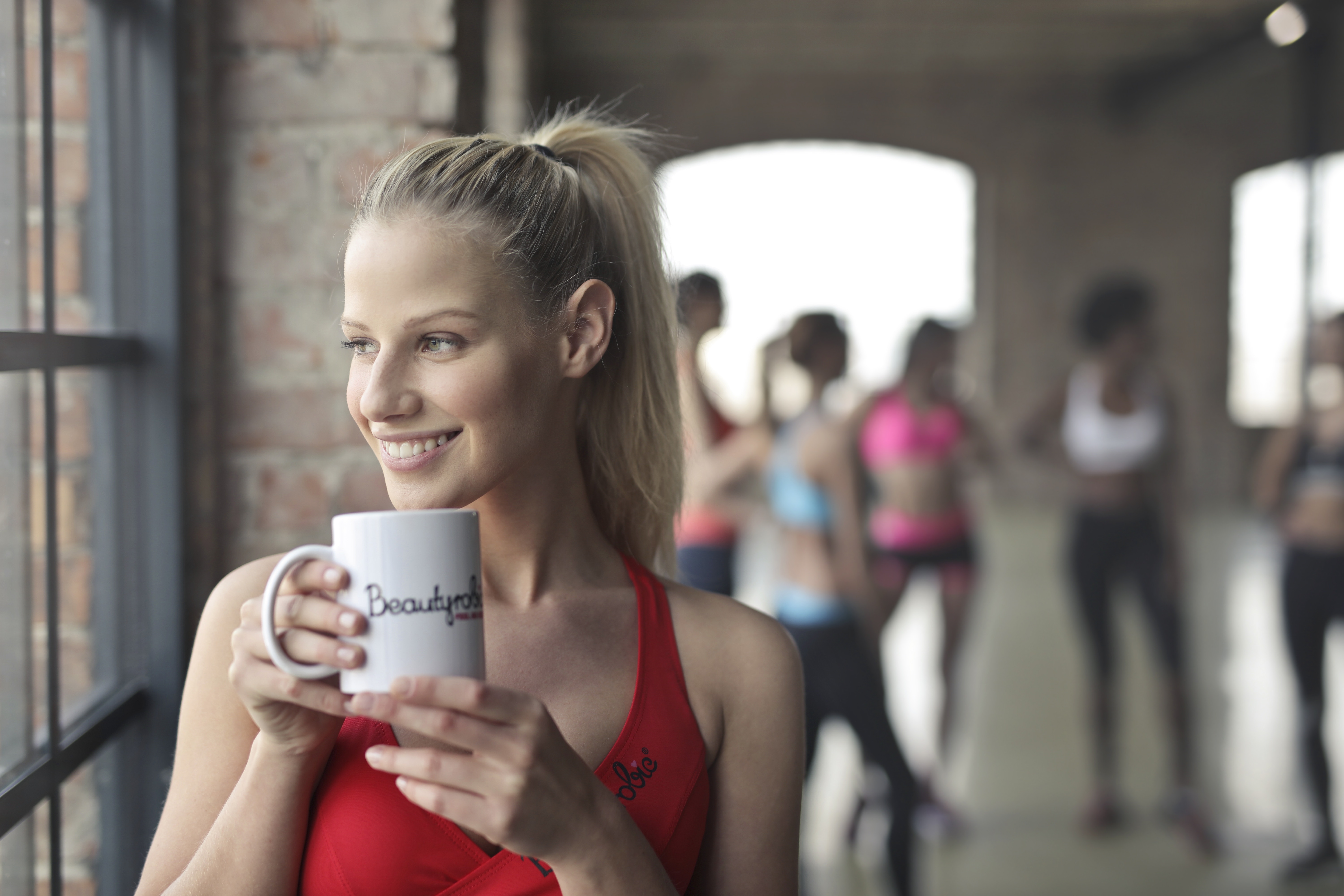Women Model Ponytail Sportswear Blonde Black Hair Training Cup Smiling Depth Of Field Looking Out Wi 6000x4000