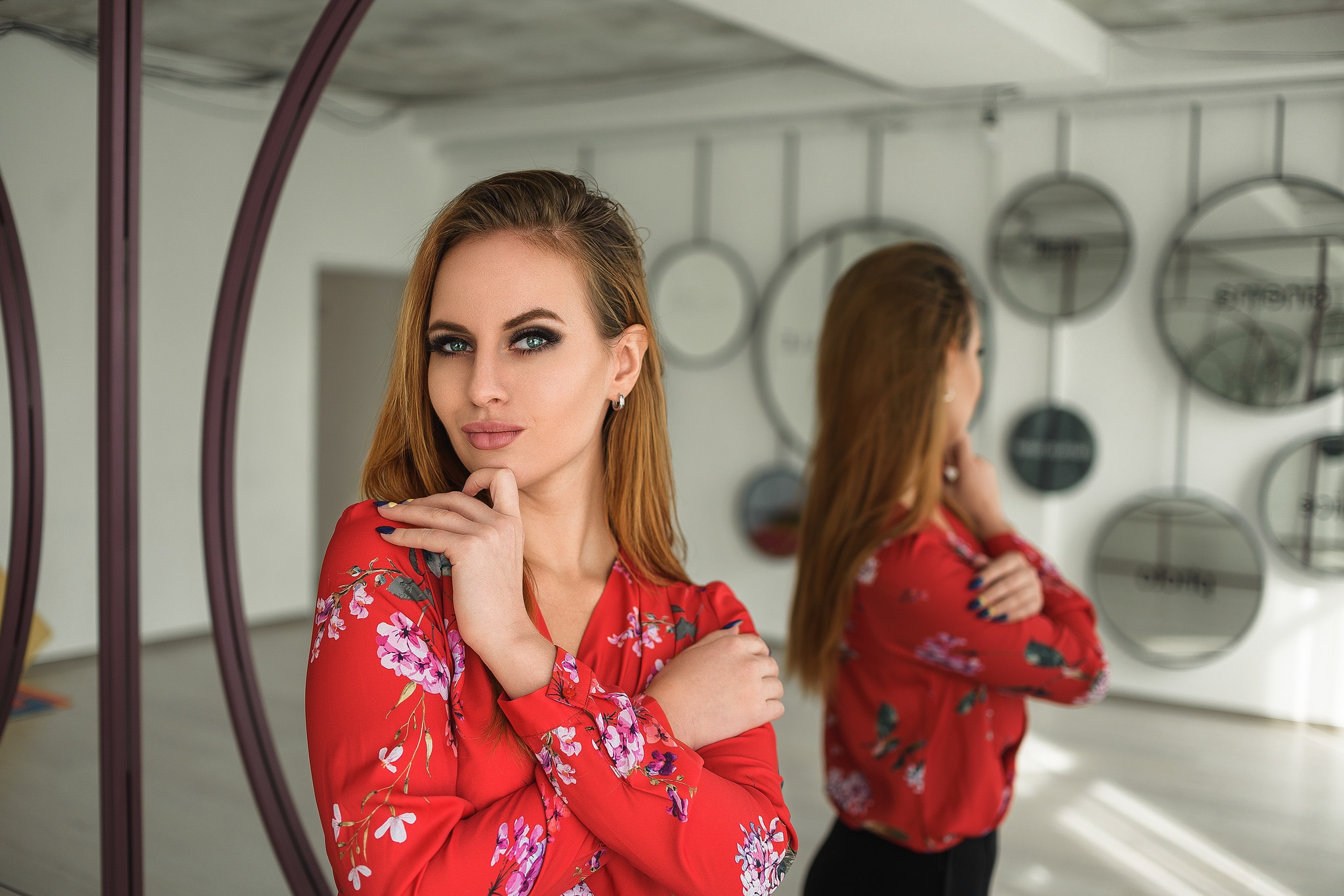 Portrait Mirror Reflection Women Model Women Indoors Dmitry Medved Blonde Long Hair Red Shirt Blue E 2048x1366