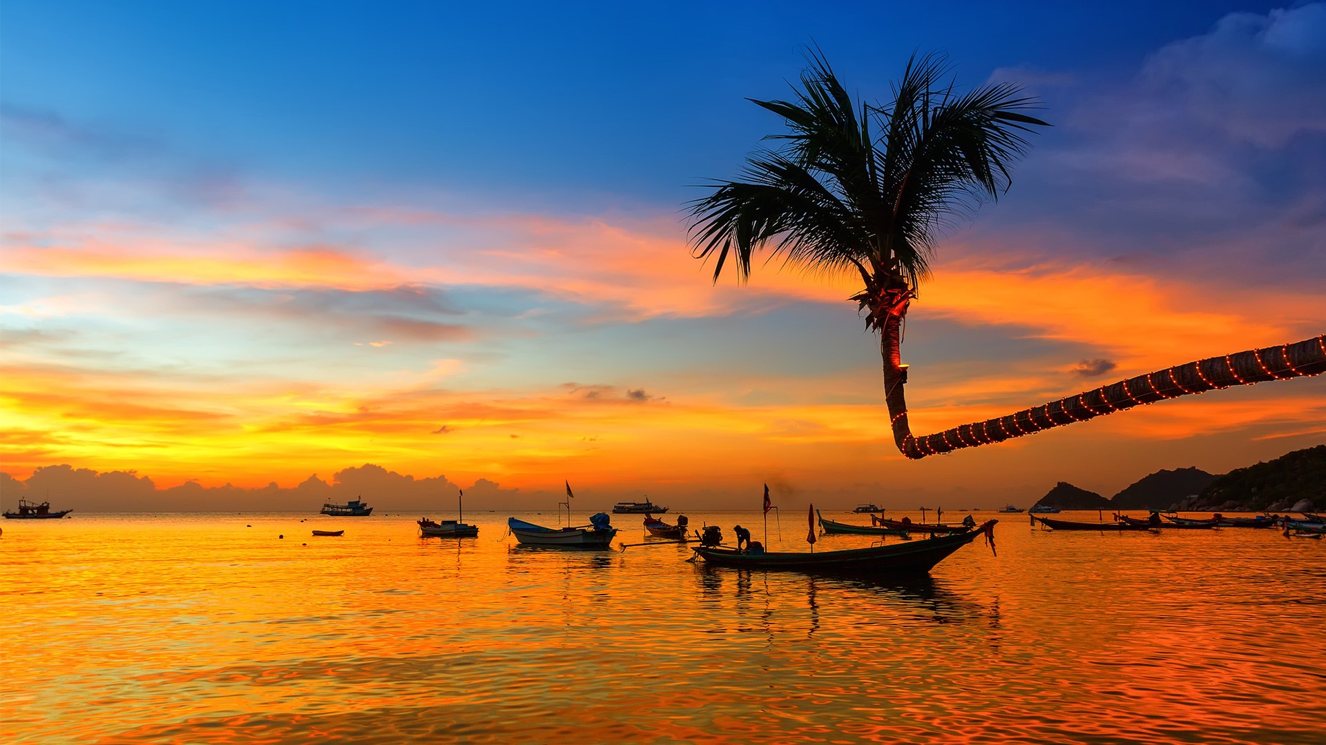 Boat Nature Landscape Clouds Sky Sunset Water Ripples Mountains Horizon Coconuts Fisherman Thailand 1920x1080