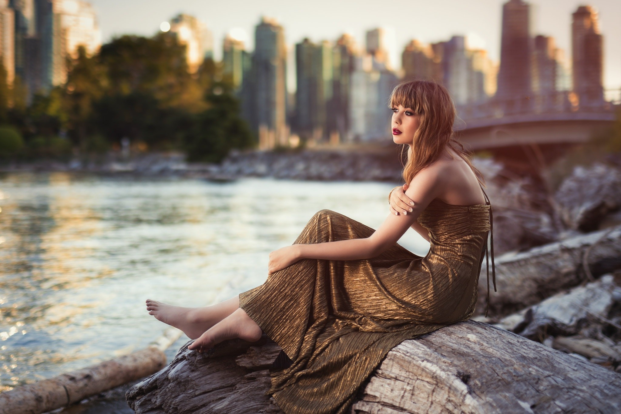 Kyle Cong 500px Water Barefoot Women Outdoors Women Sitting Model Gold Dress Brunette Urban Straples 2048x1367