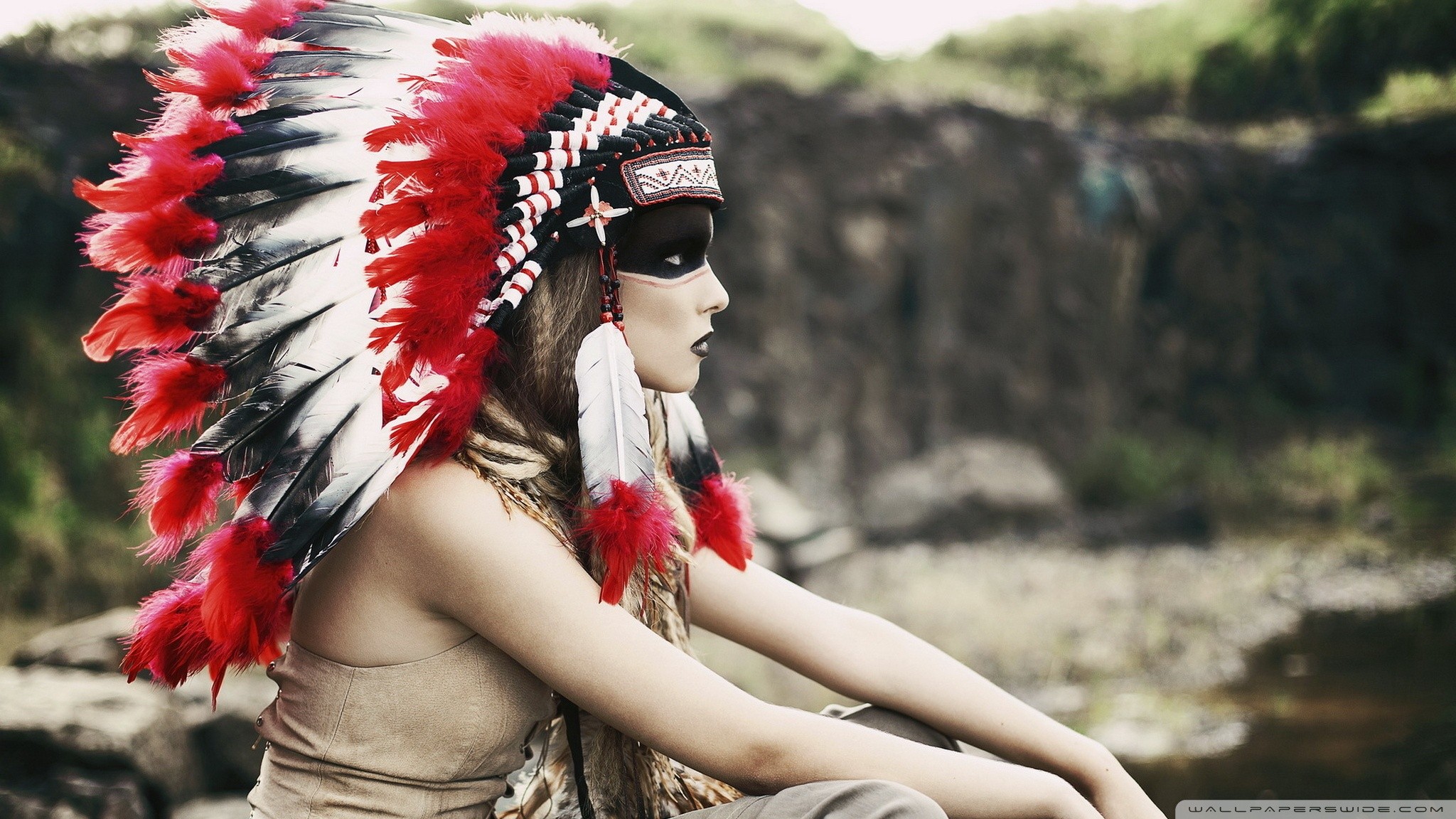 Women Headdress Women Outdoors Face Paint Indian Hat Indian Makeup Brunette 2048x1152