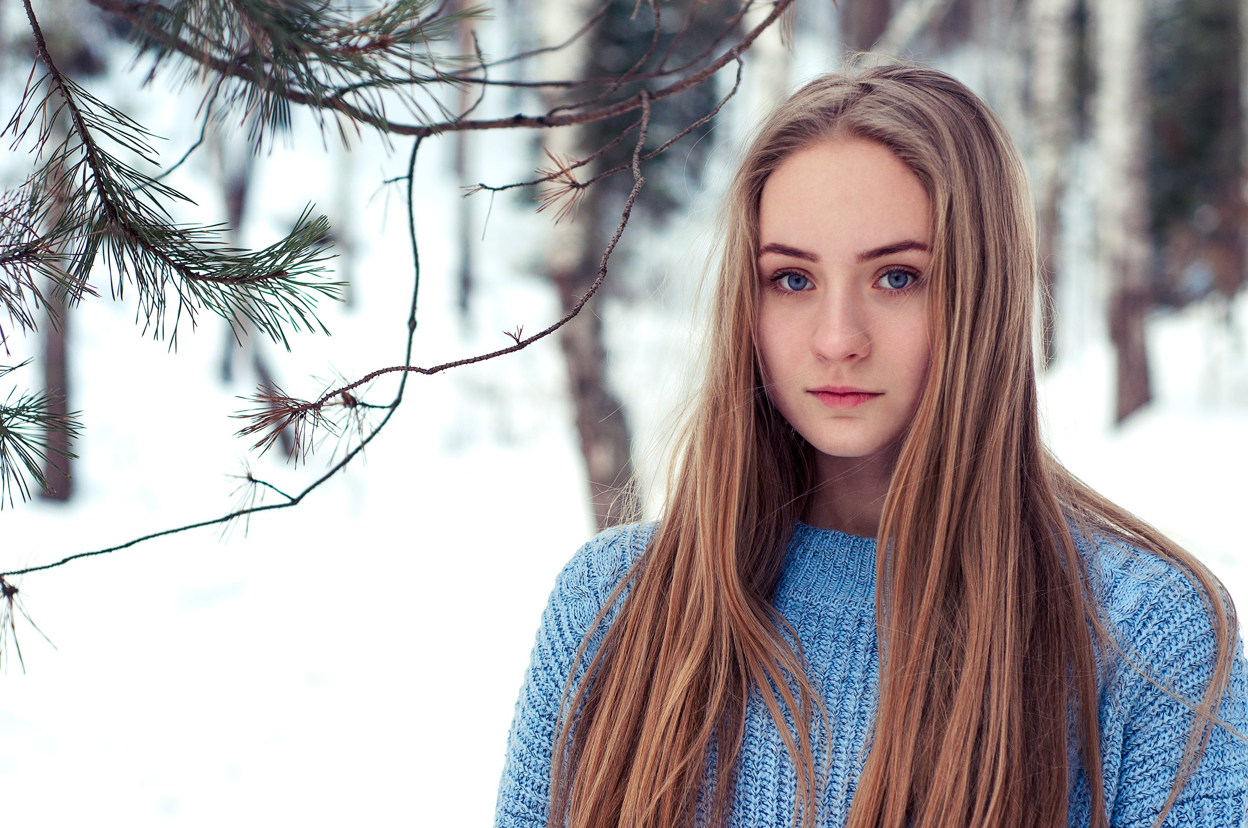 Women Model Blonde Looking At Viewer Long Hair Sweater Trees Snow Depth Of Field Women Outdoors Blue 2560x1700