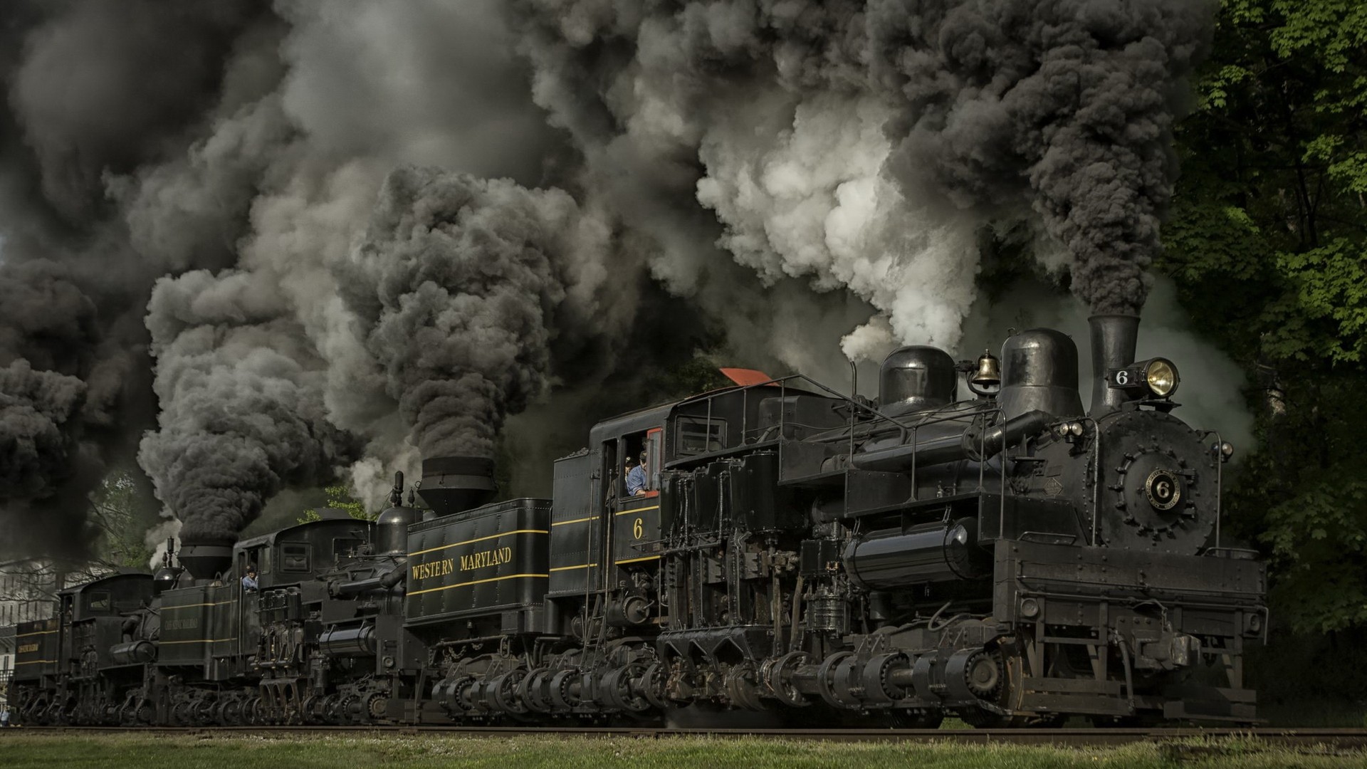 Train Steam Locomotive Dust Railway Wheels USA Nature Trees Grass Smoke 1920x1080