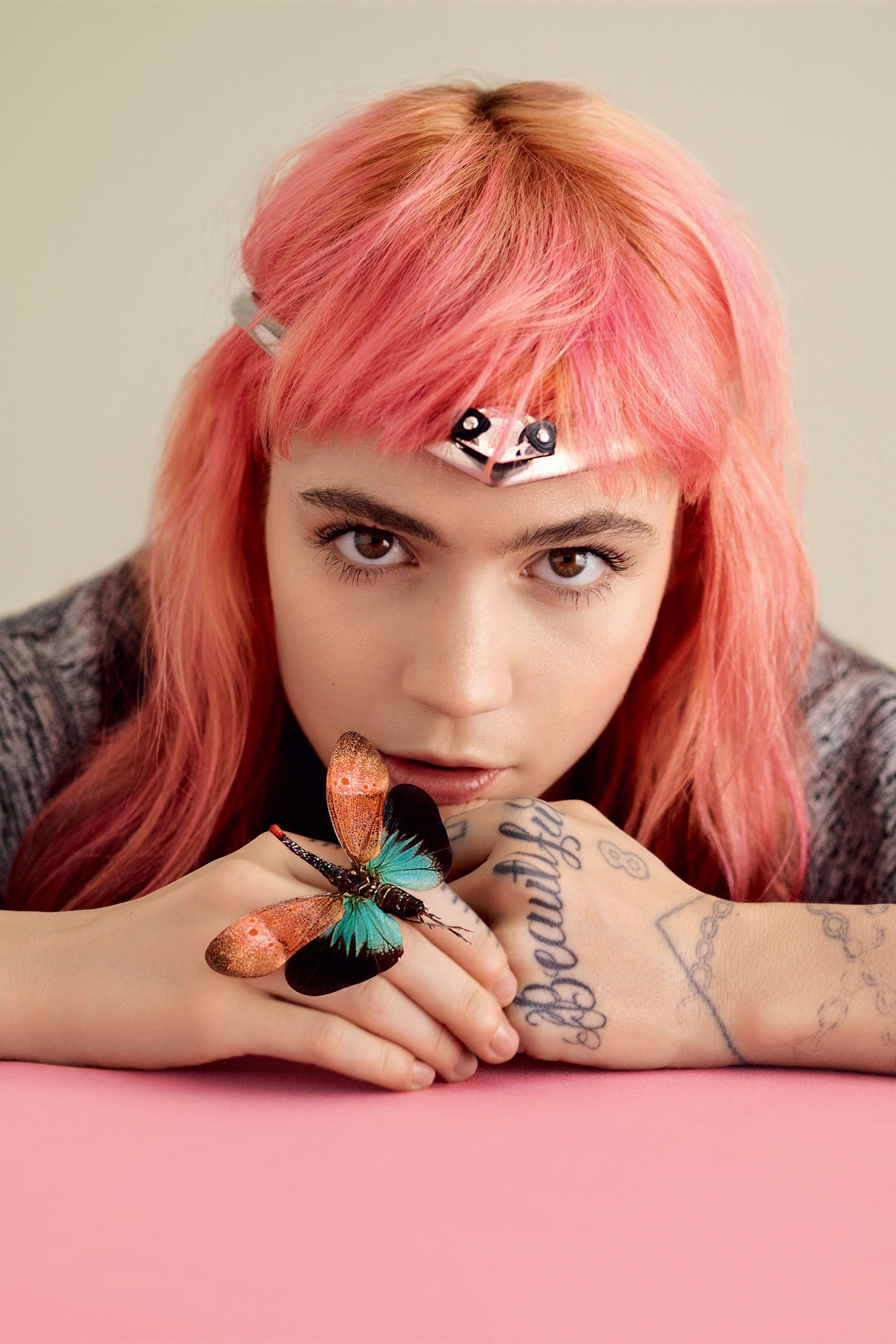 Grimes Singer Tattoo Face Closeup Pink Hair Looking At Viewer Simple Background Women Long Hair 2000x2999
