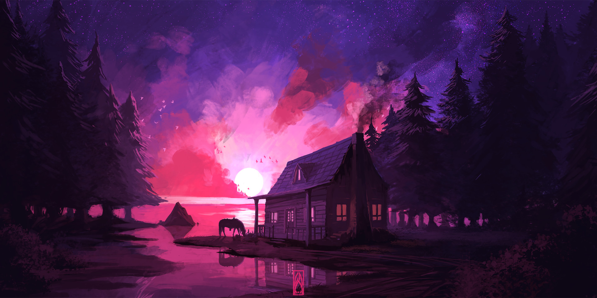 Gustavo Arteaga Concept Art Landscape Night House Forest Purple Pink Lake Water Horse Moon Road 1920x960