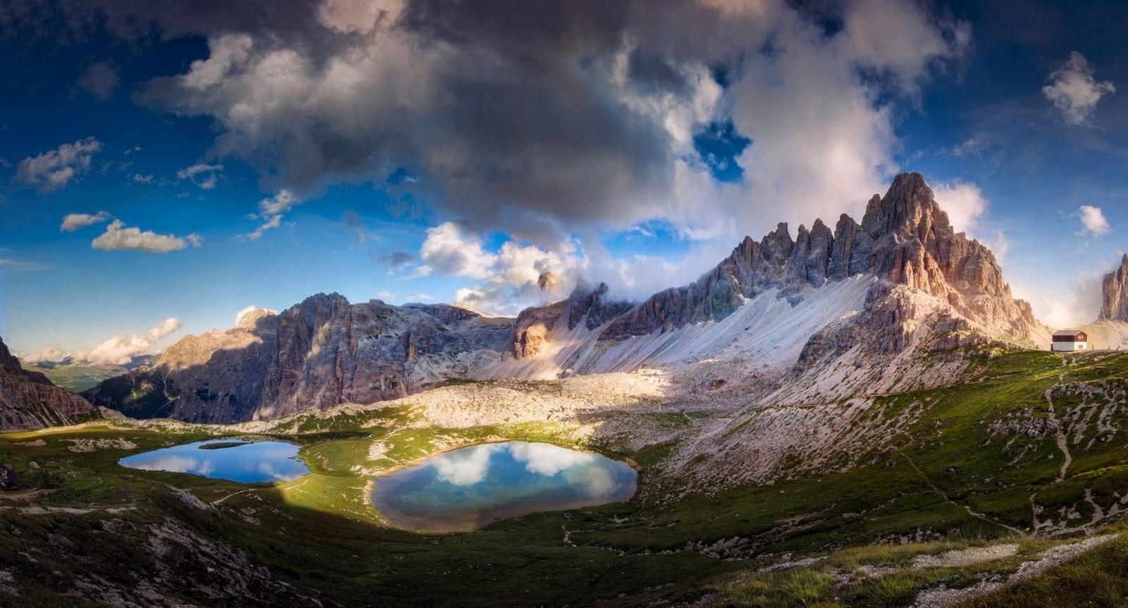 Landscape Nature Mountains Sunset Lake Cabin Clouds Summer Dolomites Mountains Alps Italy 1600x863