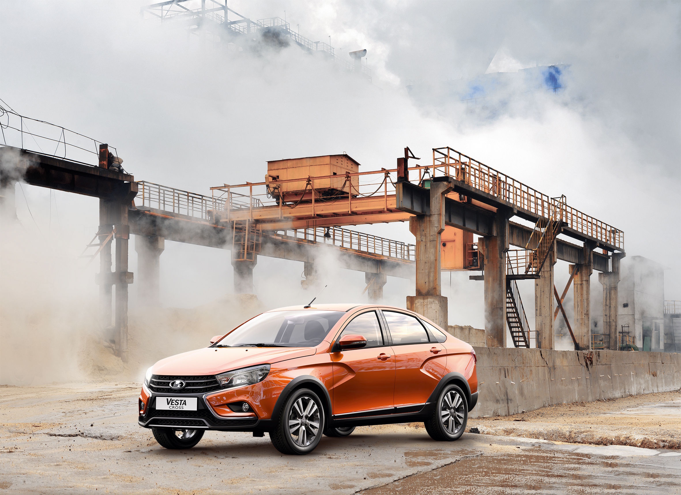 Car Vehicle LADA Orange Cars Smoke Factory Vesta Lada Vesta 2362x1716