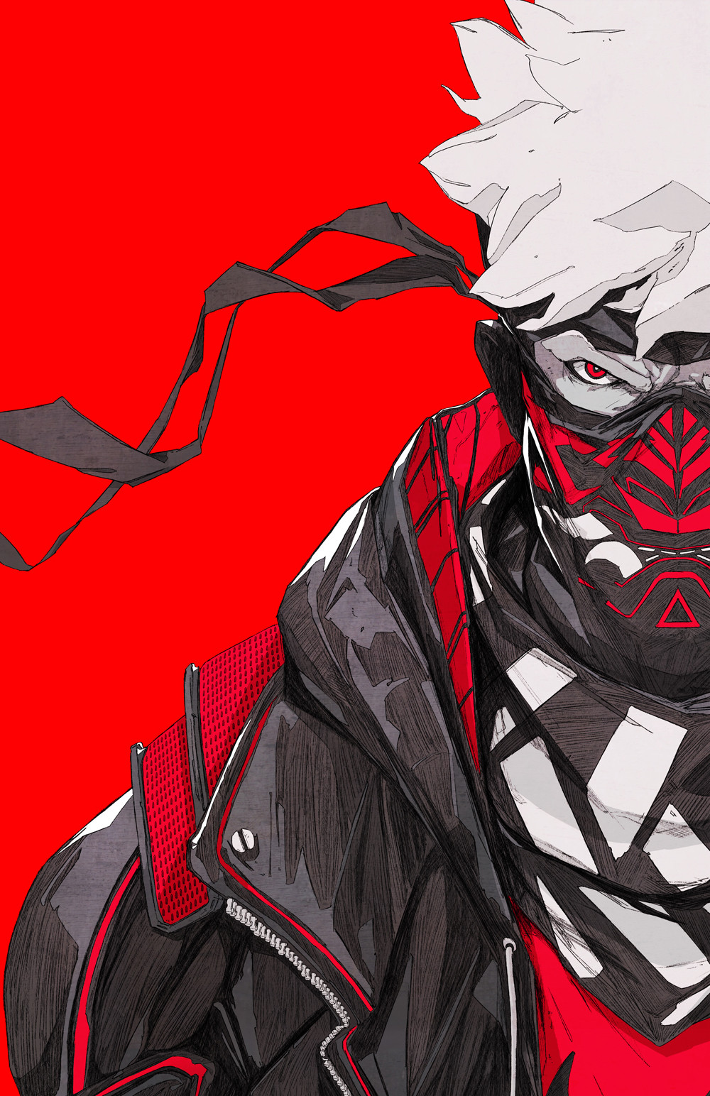 Chun Lo Artwork Illustration Digital Art Mask Warrior Cyberpunk Oni Mask Japan Red Background Sketch 1000x1544