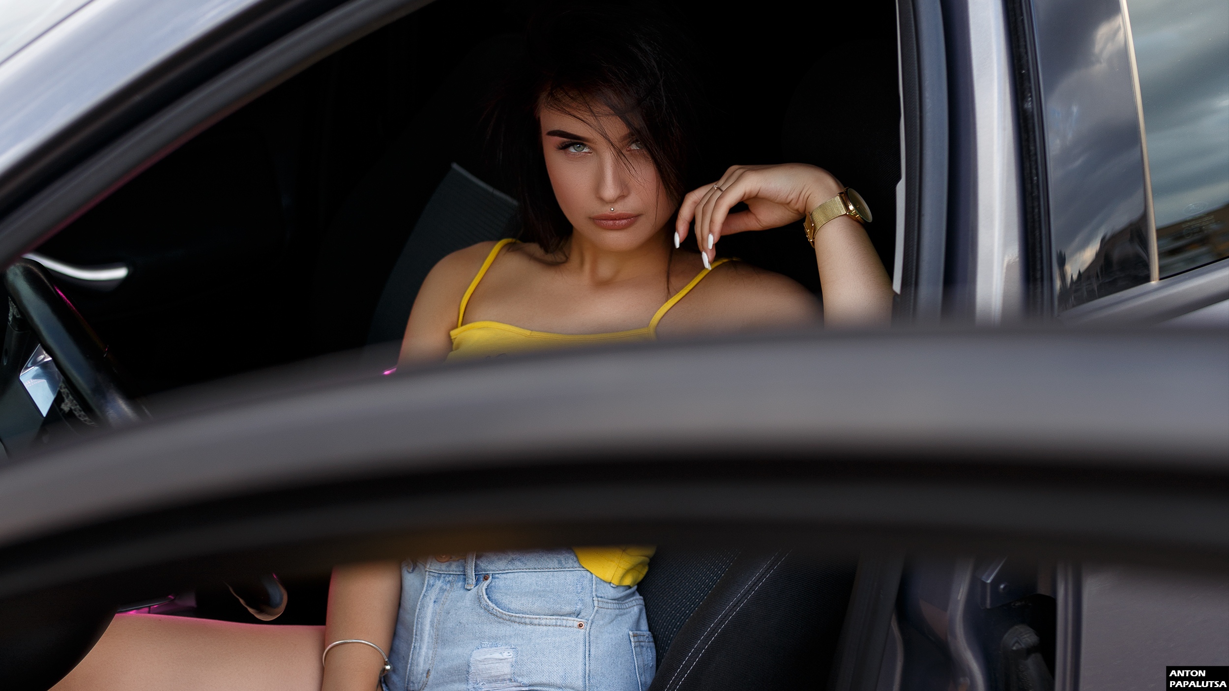 Women Model Inside A Car Yellow Tops Brunette Looking At Viewer White Nails Watch Sitting Anton Papa 2500x1406