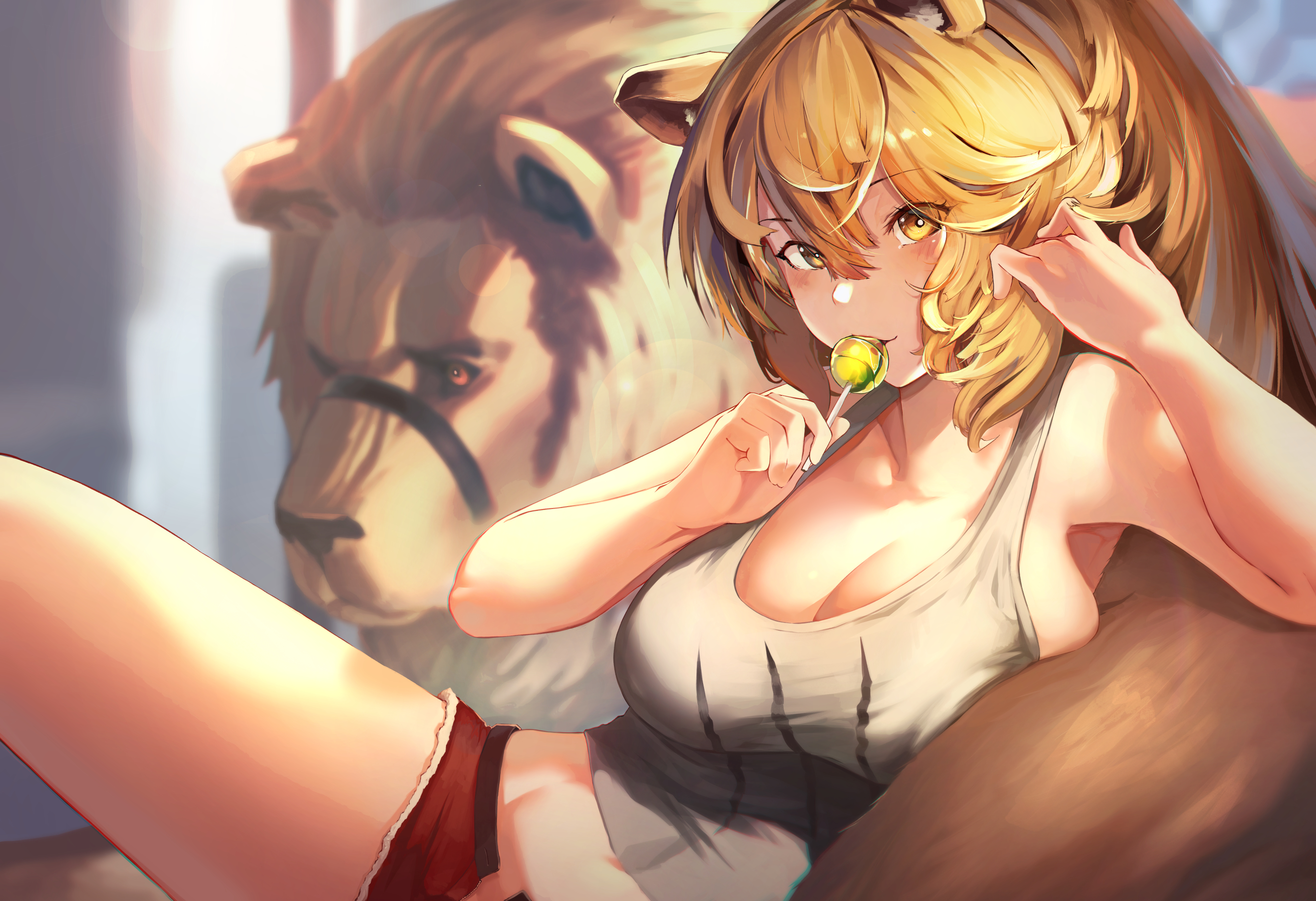Siege Arknights Animal Ears Blush Brown Eyes Candy Cat Girl Lion Long Hair Shorts Anime Arknights 2744x1880