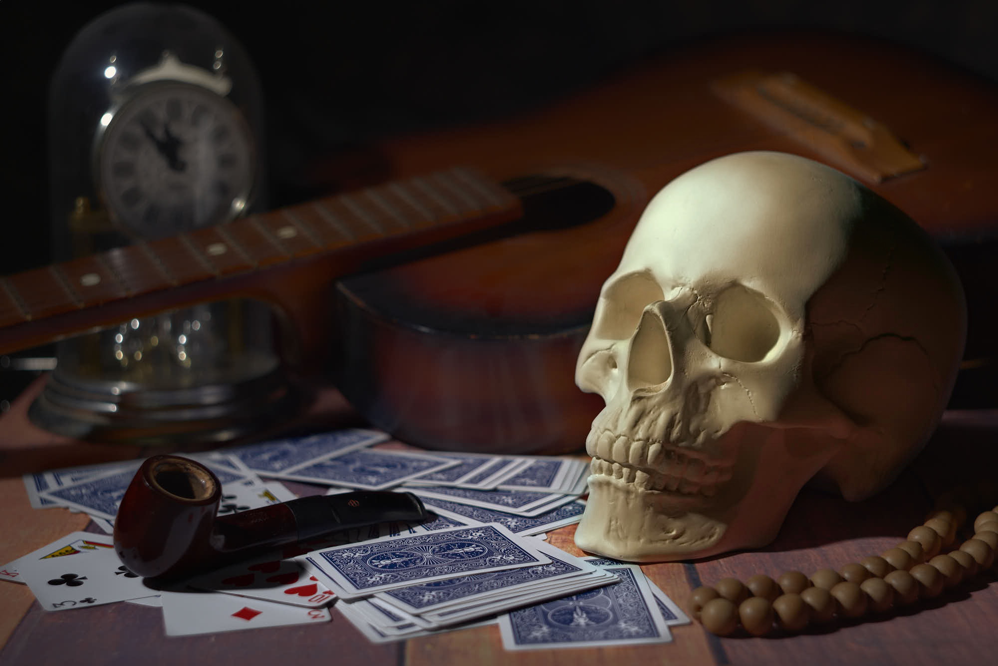 Viacheslav Krasnoperov Still Life Skull Beads Smoking Pipe Playing Cards Guitar Clocks 2000x1335