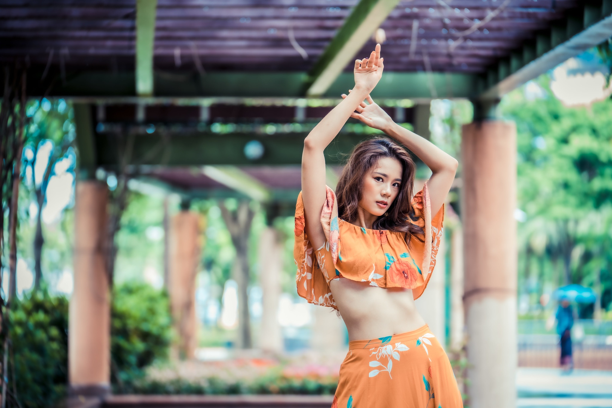 Asian Model Women Long Hair Brunette Skirt Shirt Flower Dress Column Wood Bridge Trees Bushes 2048x1366