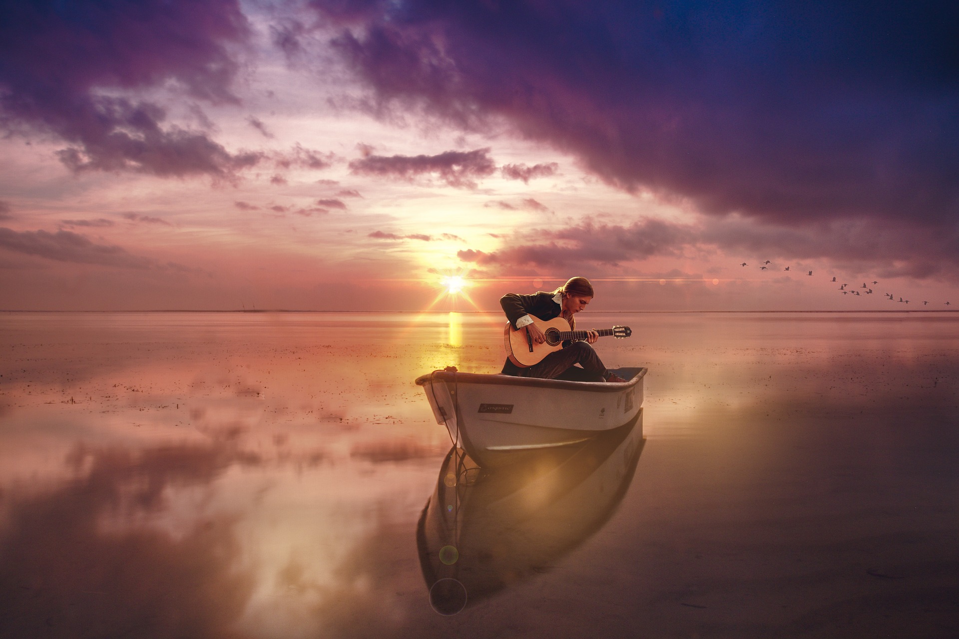Guitar Woman Boat Horizon Sunset Reflection Musician Ocean 1920x1280
