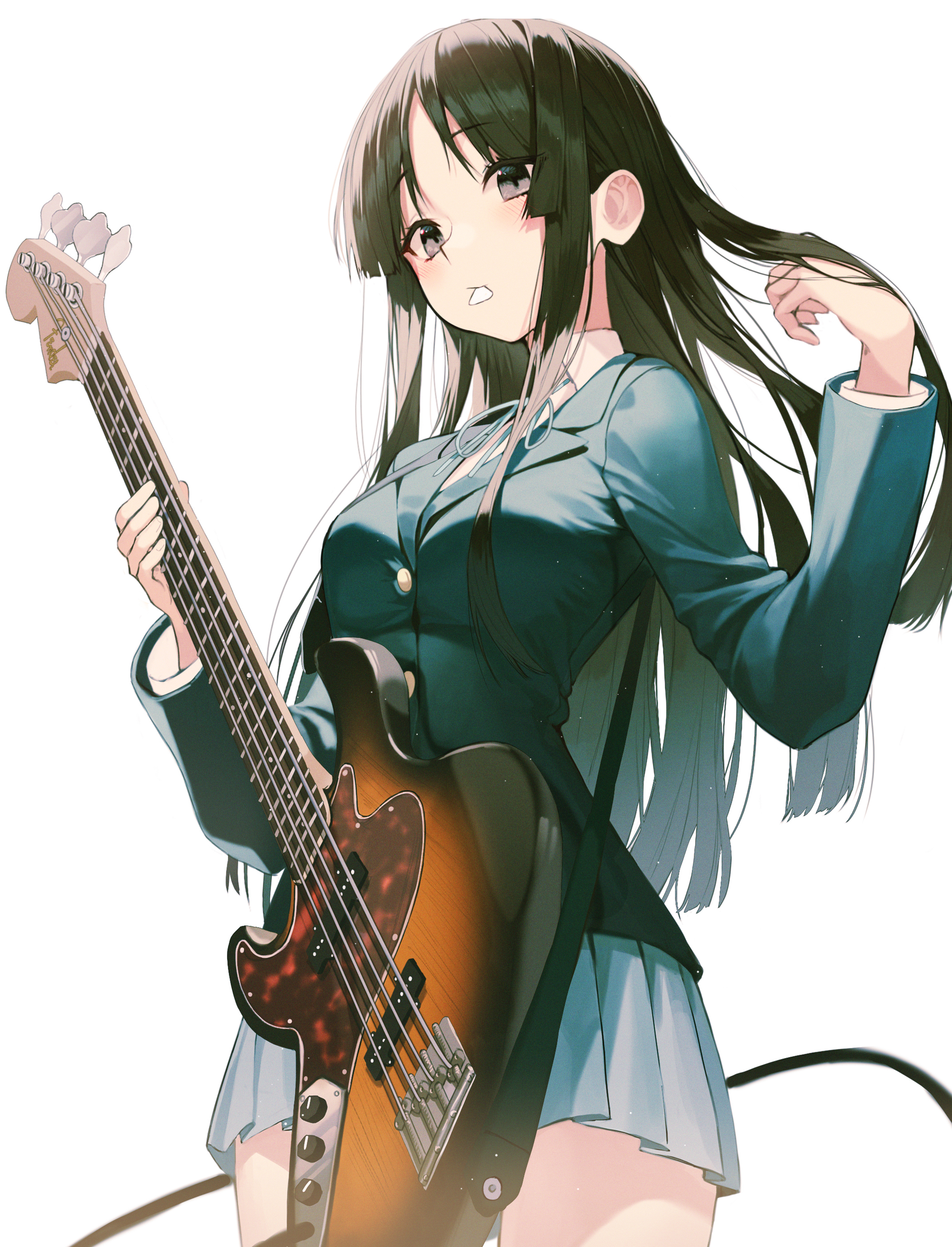 K ON Anime Girls Bass Guitars School Uniform JK Touching Hair Long Hair Akiyama Mio 2D Black Hair Mu 2144x2807