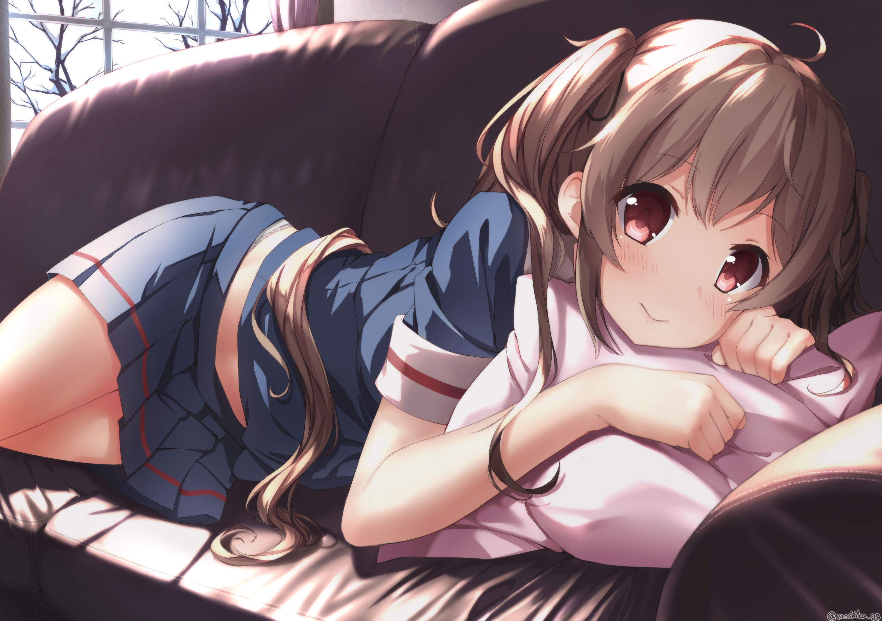Anime Blush Brown Hair Couch Kantai Collection Long Hair Murasame Kancolle Red Eyes School Uniform T 2894x2039