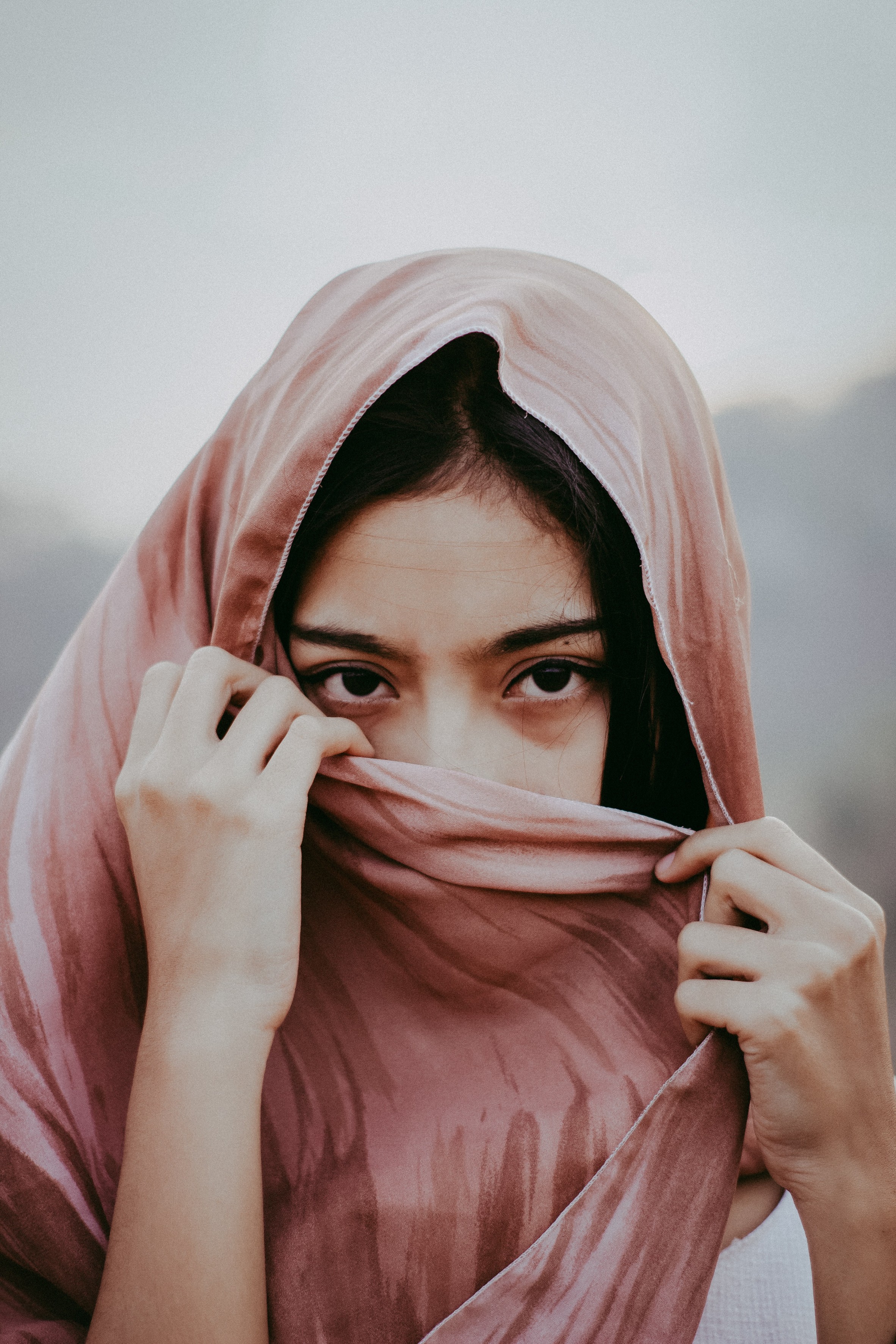 Women Scarf Covered Mouth Looking At Viewer Vertical Brunette 2364x3546