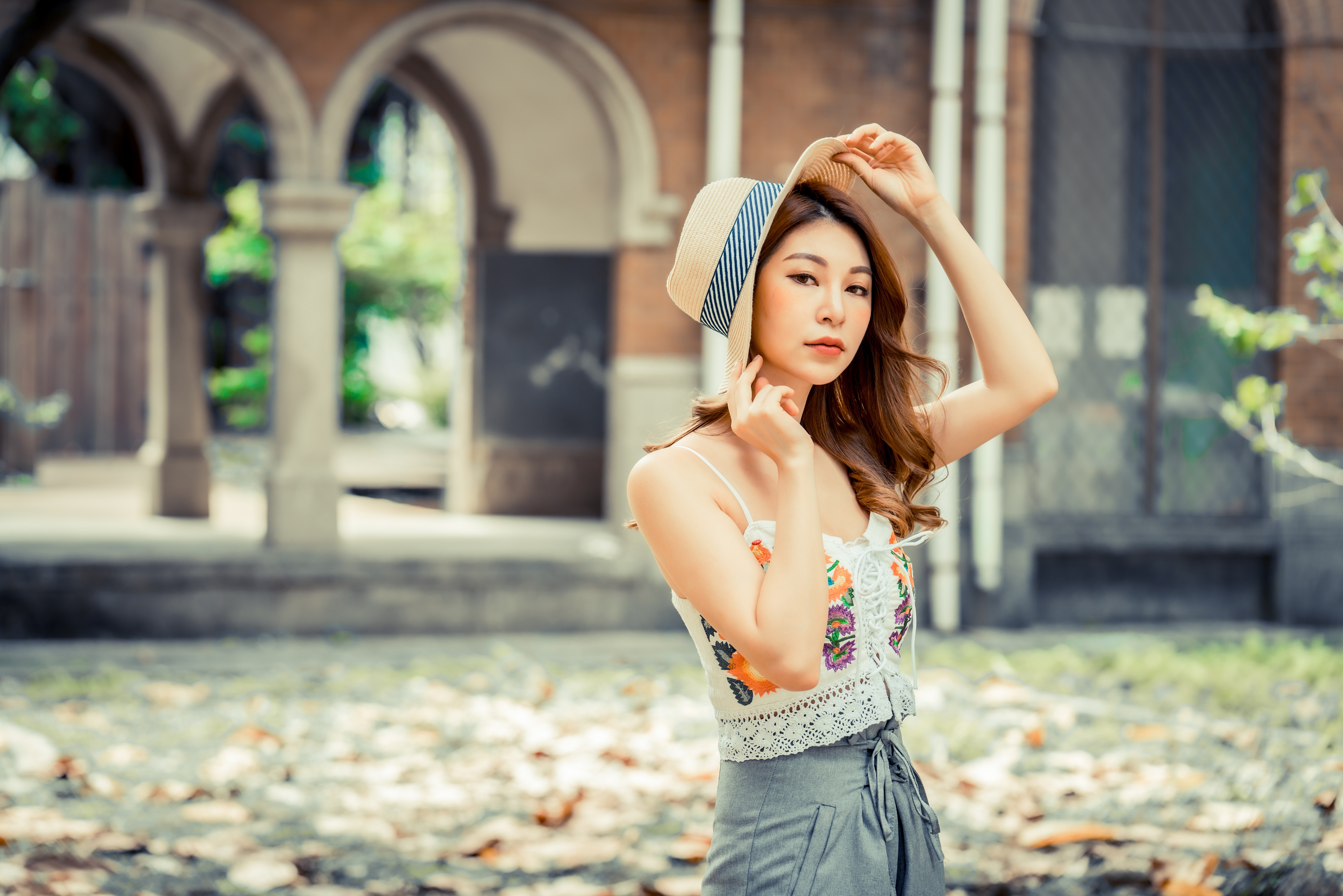 Asian Model Women Long Hair Brunette Straw Hat Pants Knit Fabric Grass Leaves Depth Of Field Column  4562x3043