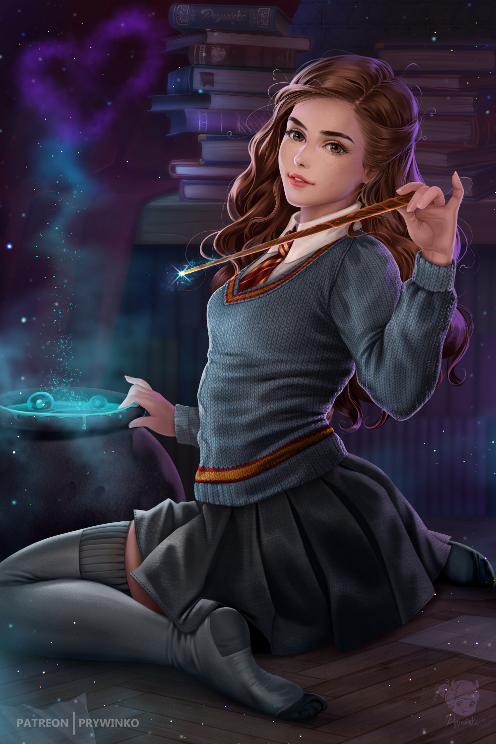Prywinko Drawing Women Harry Potter Hermione Granger Brunette Long Hair Wavy Hair Sweater Schoolgirl 1000x1500