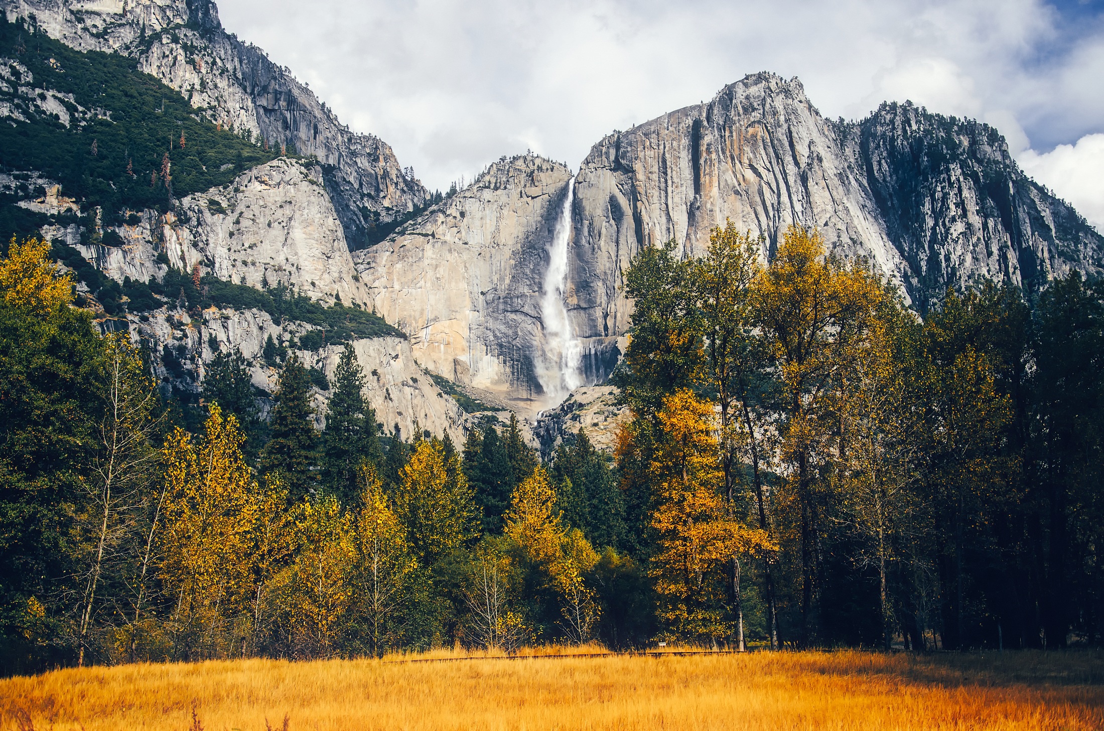 Yosemite Falls Waterfall Tree Fall Nature Yosemite National Park Cliff 2200x1457