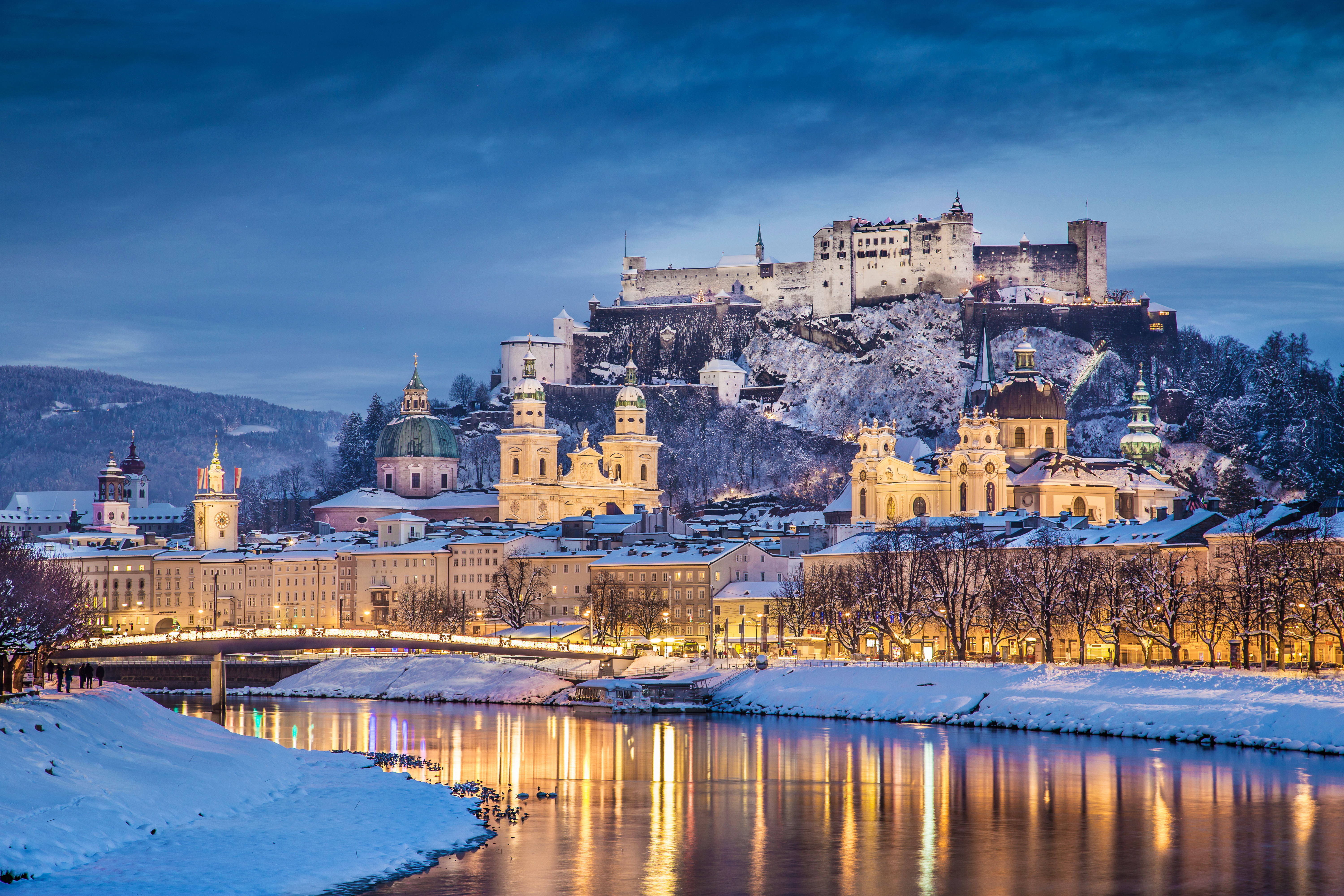 Snow Austria Winter Salzburg Castle Hohensalzburg Castle Evening River 6000x4000