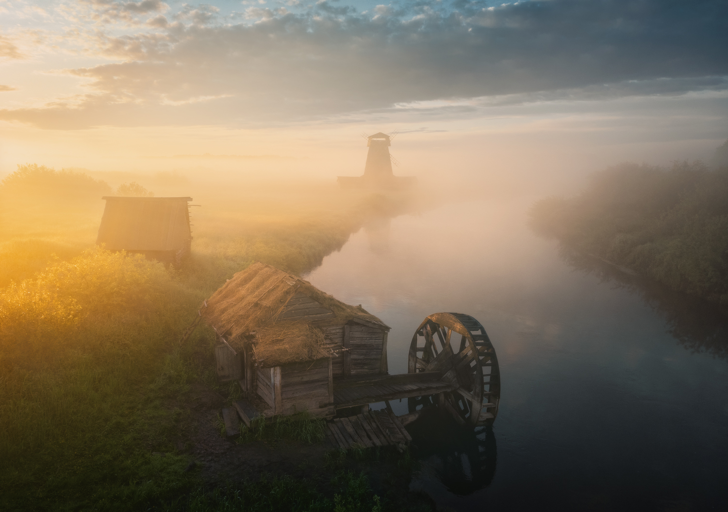 Ilya Melikhov Landscape Mist Tower Hay Mill Wheels River Clouds 1500x1054