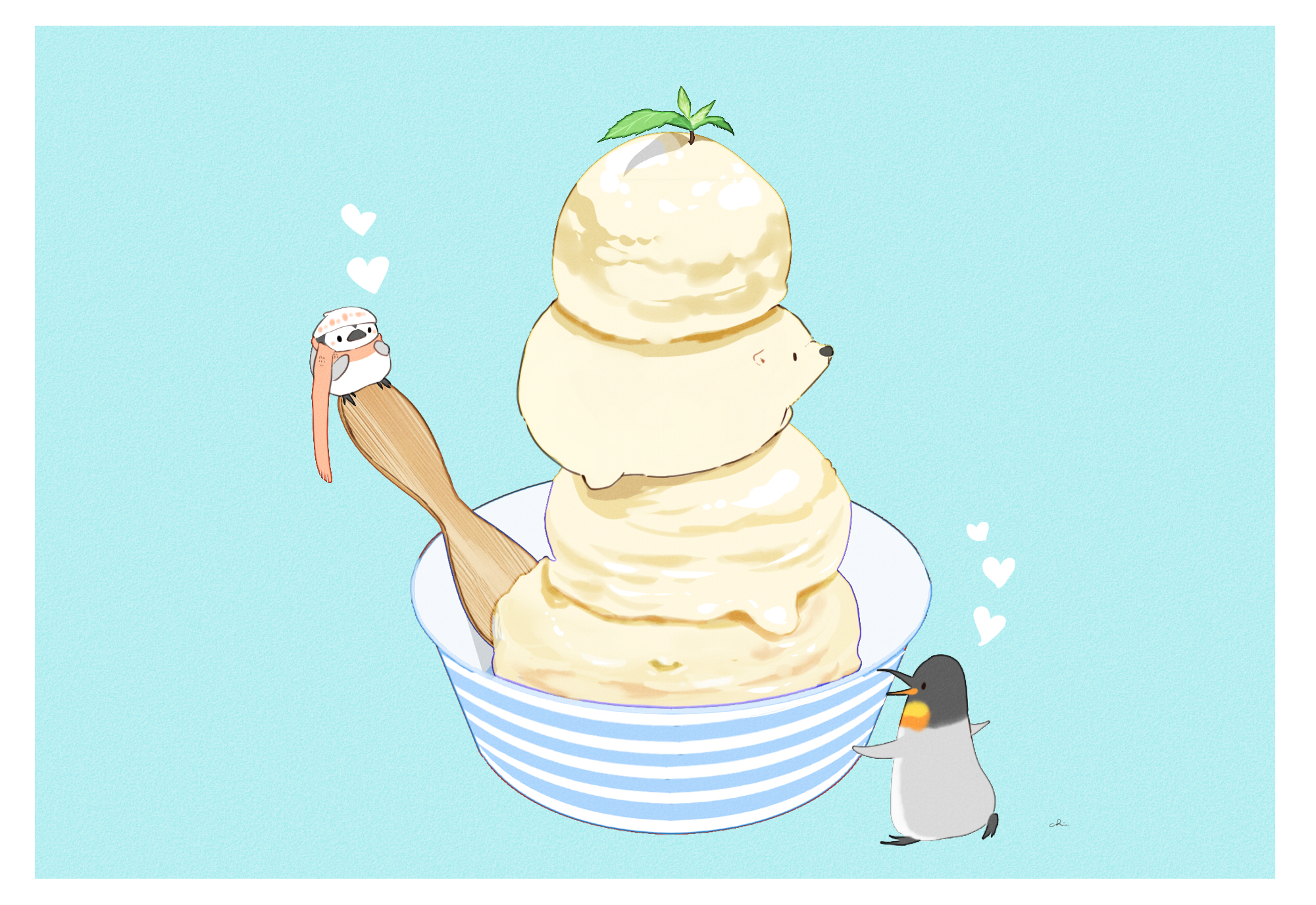 Original Characters Drawingchisanne Simple Background Food Digital Art Penguin 2000x1375