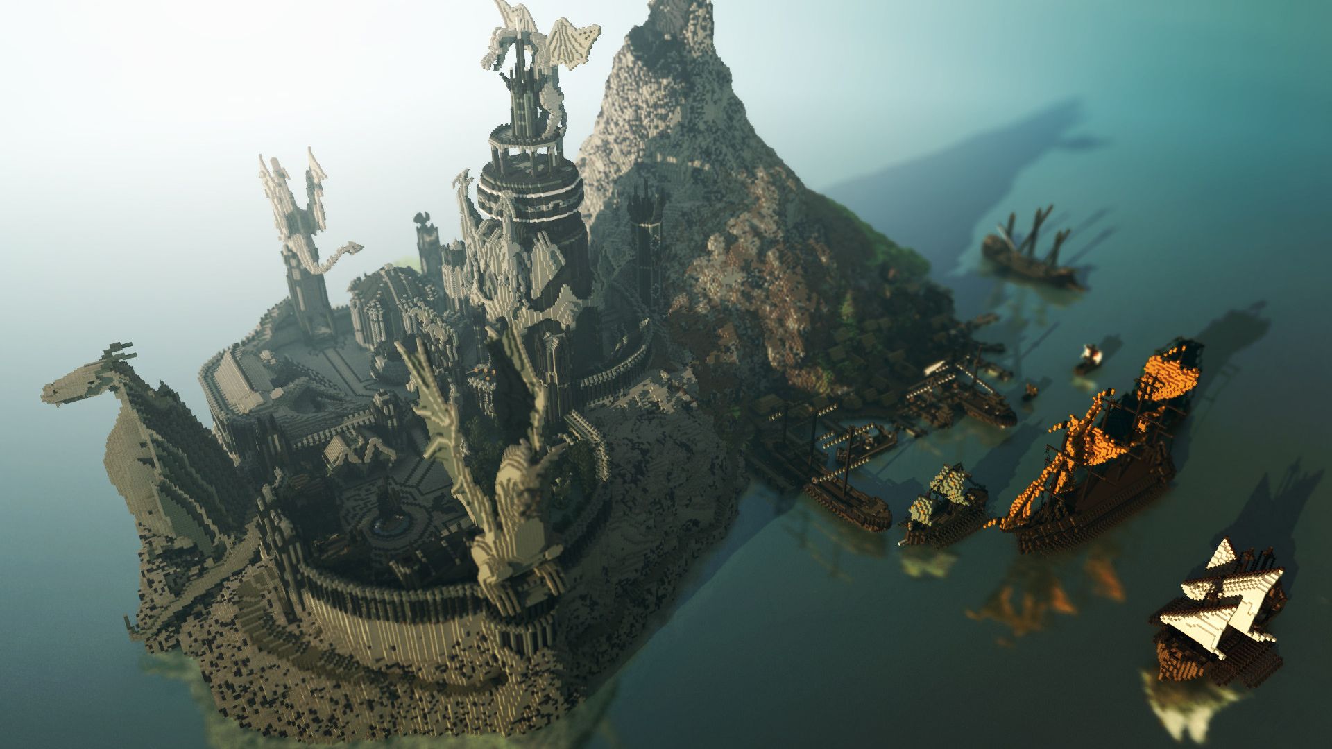 Boat Building Dragon Island Minecraft Mojang Mountain Ocean Video Game Village 1920x1080