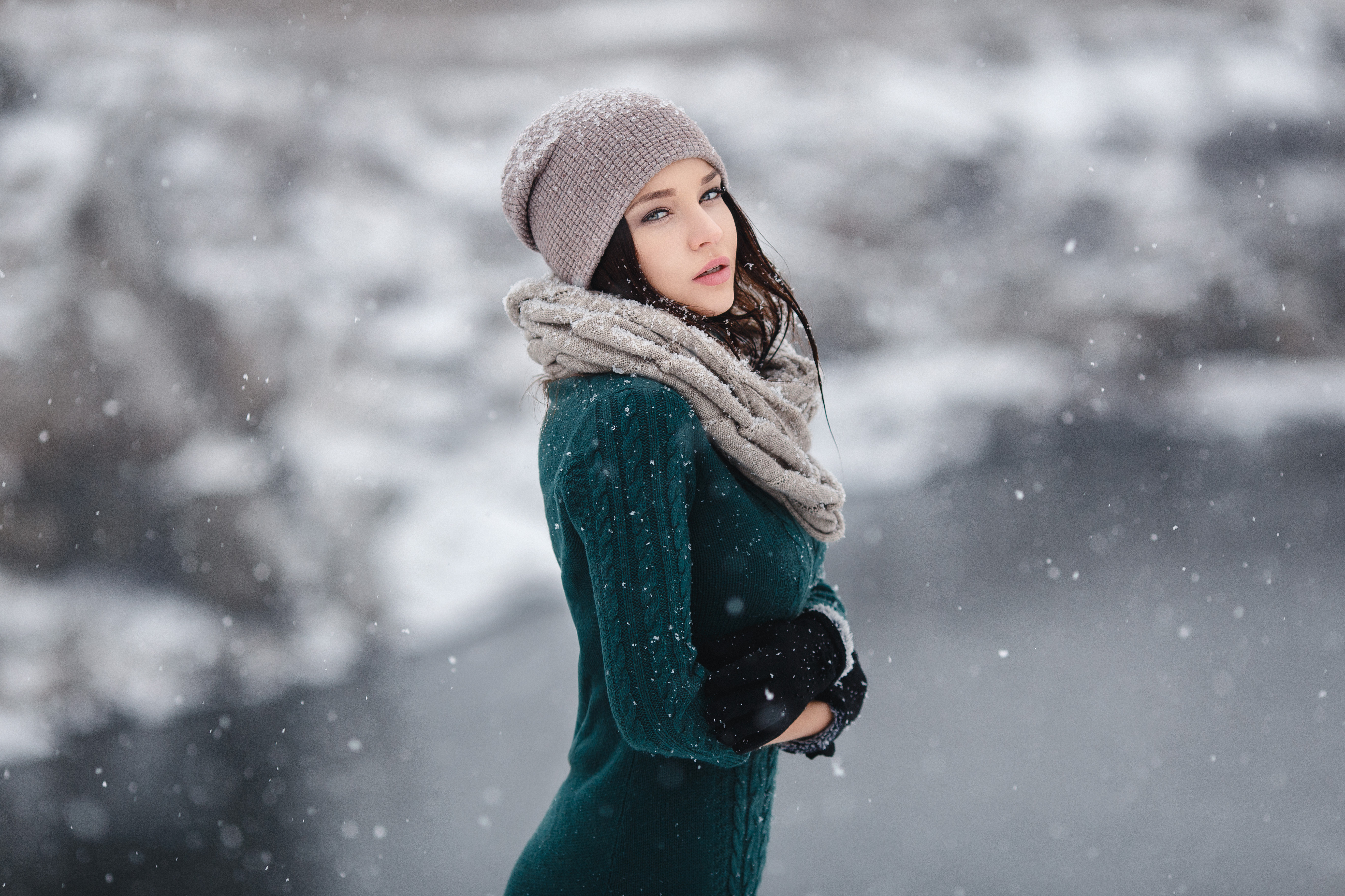 Woman Model Winter Snowfall Hat Scarf Brunette Angelina Petrova 5472x3648