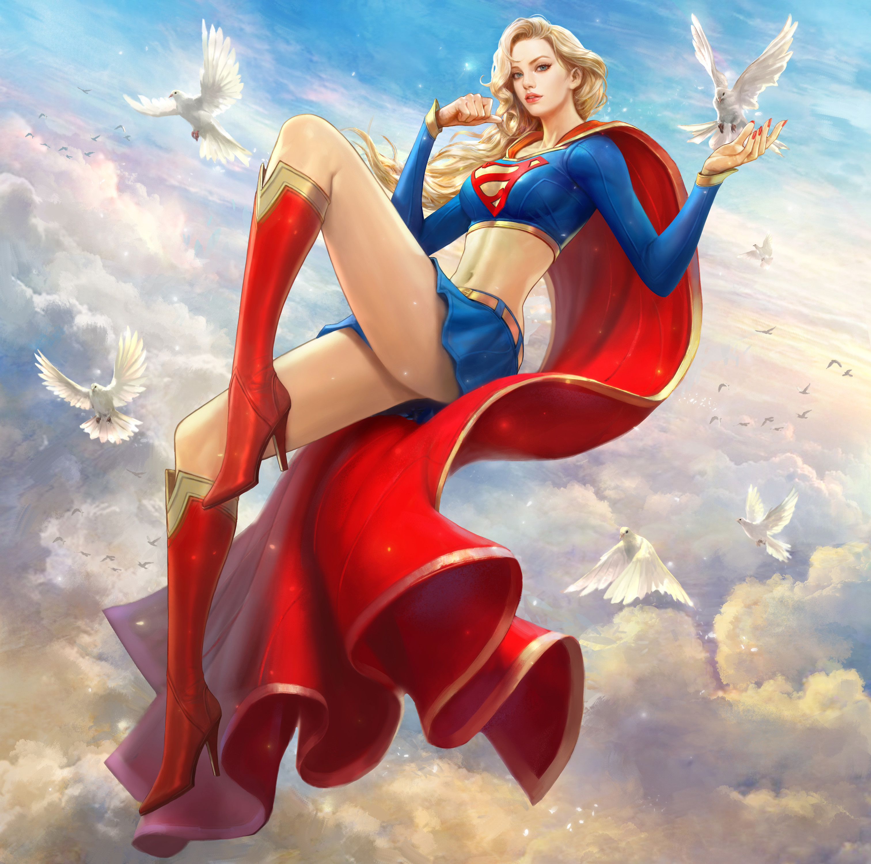 Kim Sung Hwan Drawing Blonde Supergirl Long Hair Animals Birds Pigeons Flying Floating Blue Clothing 3025x3000