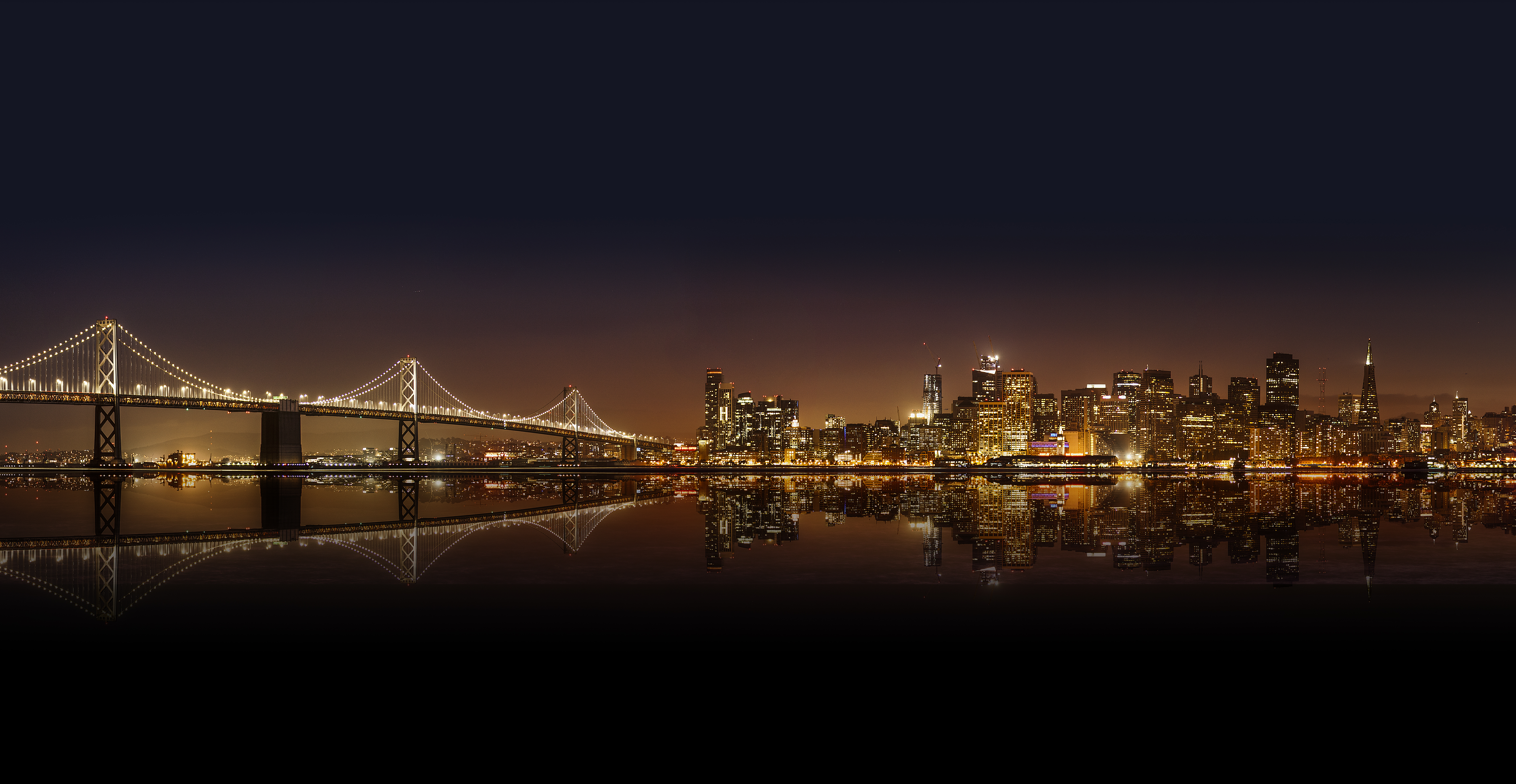 Bridge Building City Light Night Reflection San Francisco Skyscraper 7536x3900