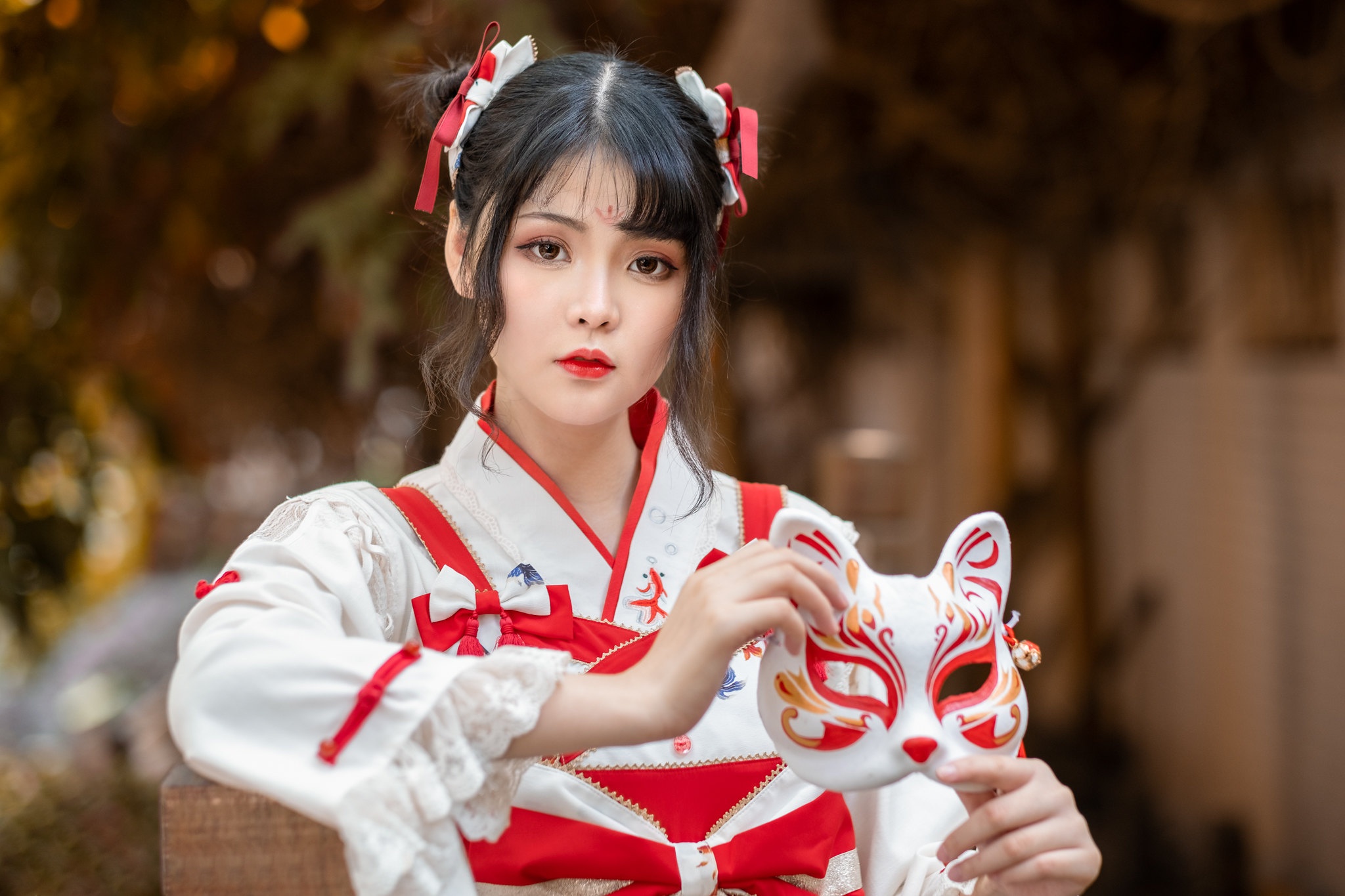 Asian Women Model Long Hair Brunette Depth Of Field Mask Traditional Clothing Hair Knot Fantasy Girl 2048x1365