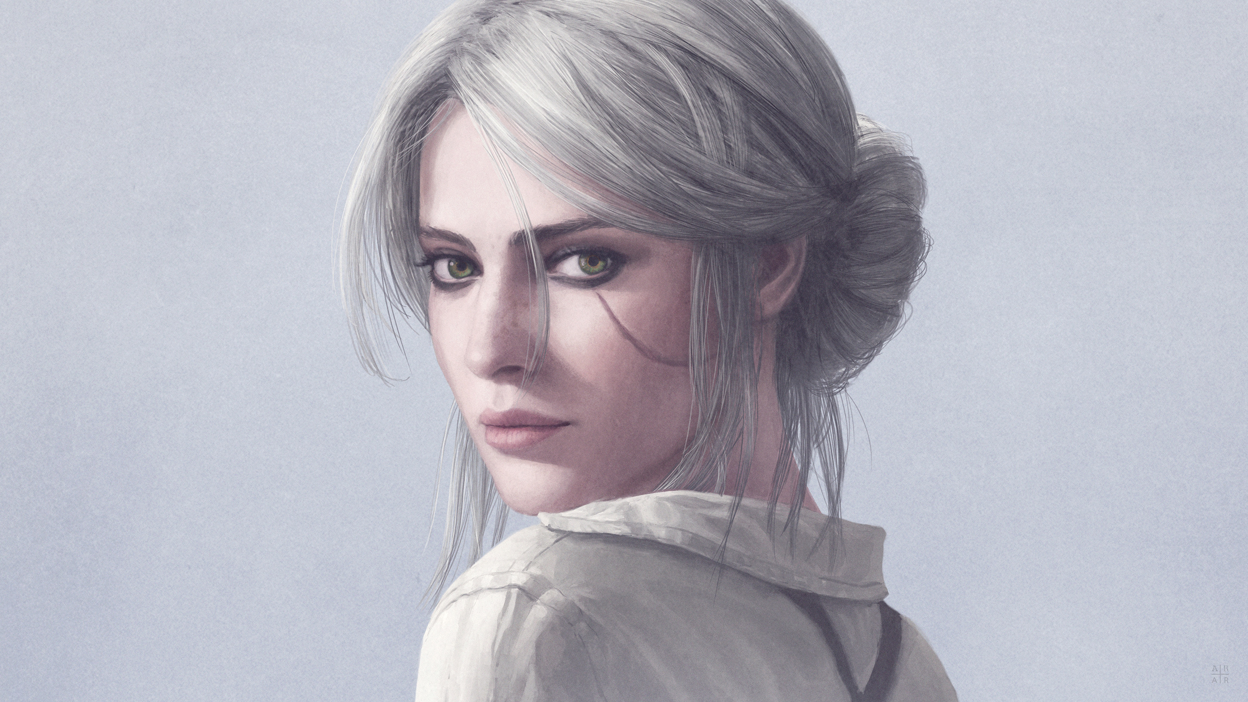 Ciri The Witcher Face Girl Green Eyes Scar The Witcher 3 Wild Hunt White Hair 2560x1440