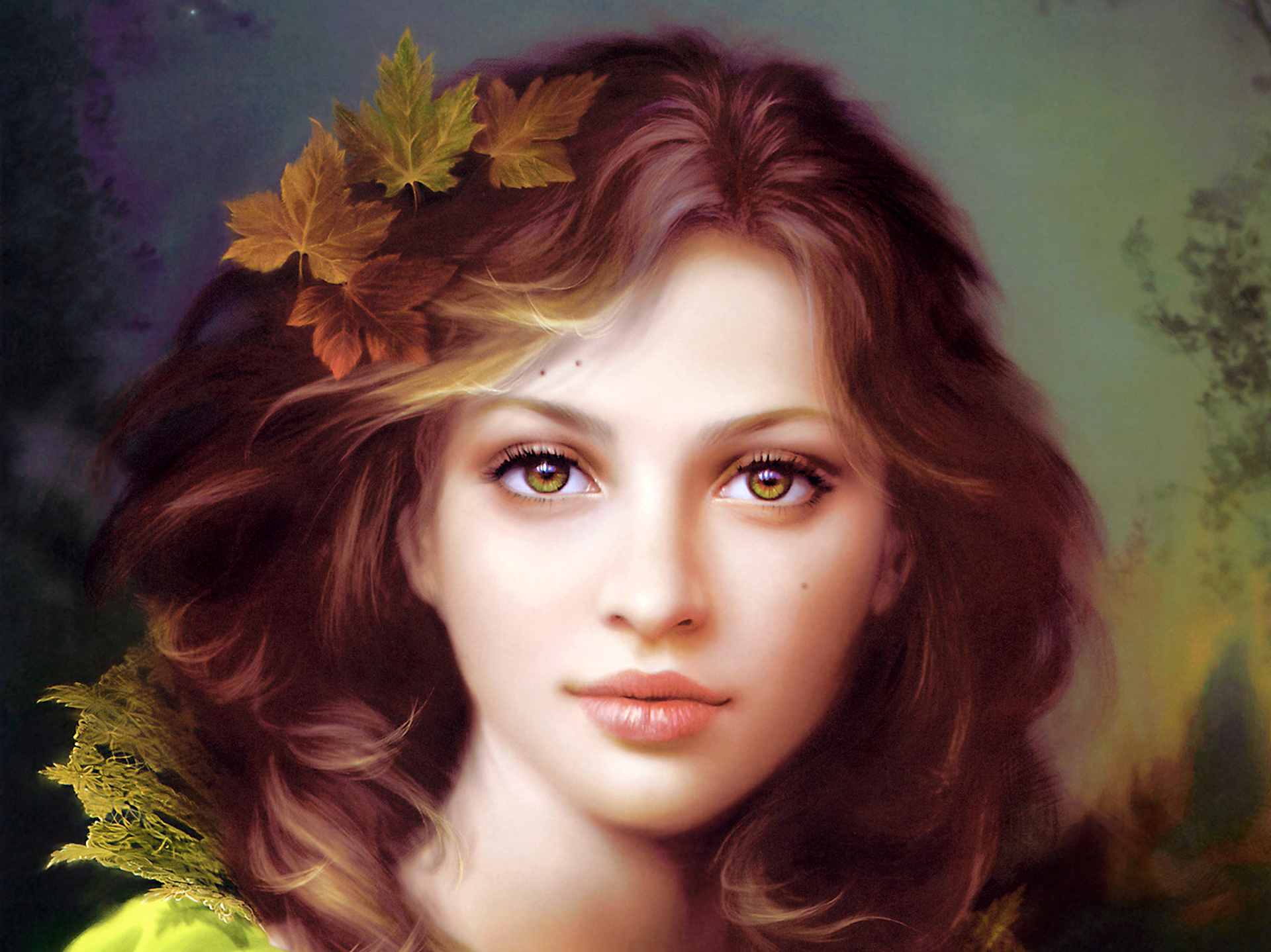 Fantasy Woman Girl Face Leaf 1920x1438
