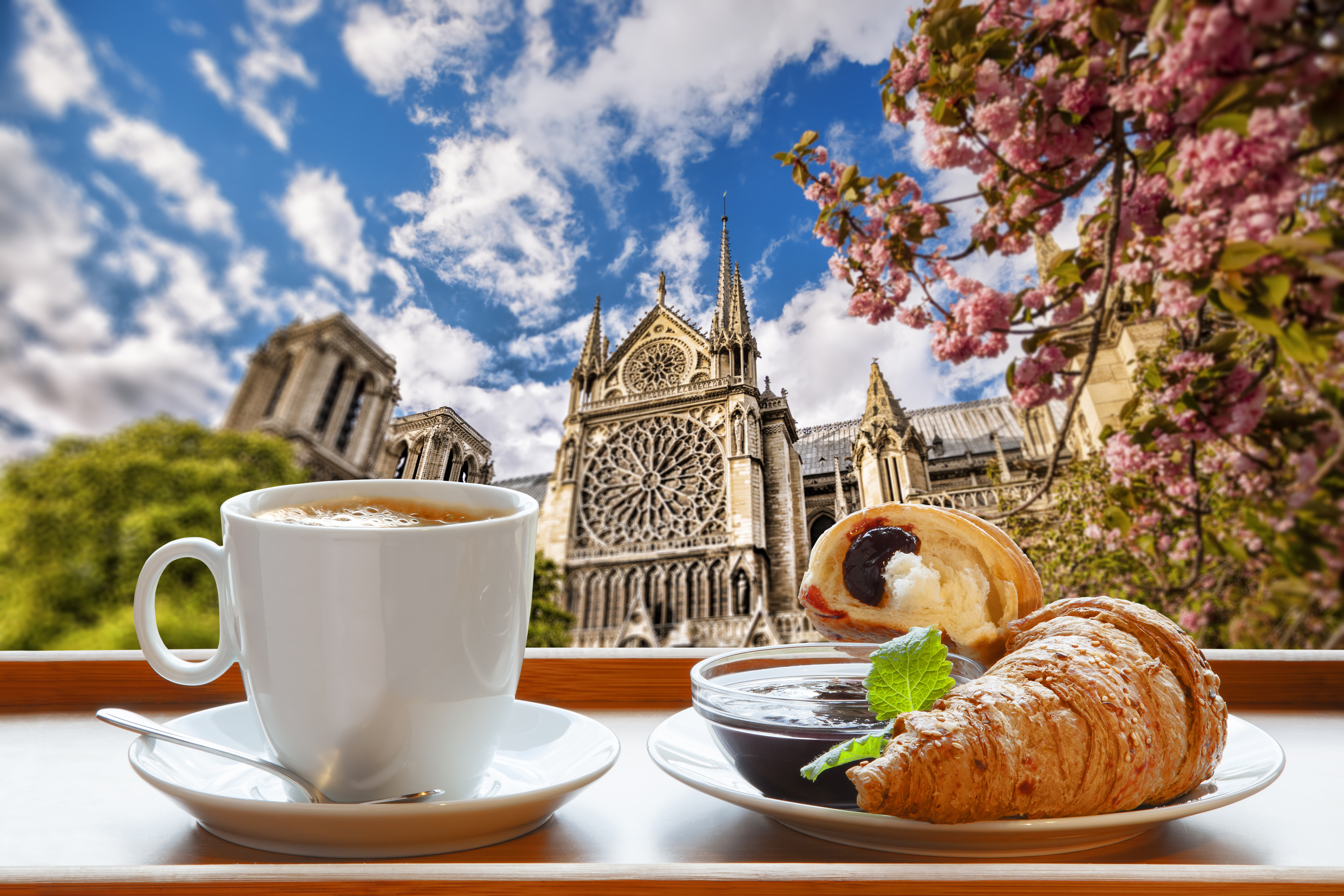 Breakfast Cathedral Coffee Croissant Cup France Notre Dame De Paris Paris Spring 7000x4667