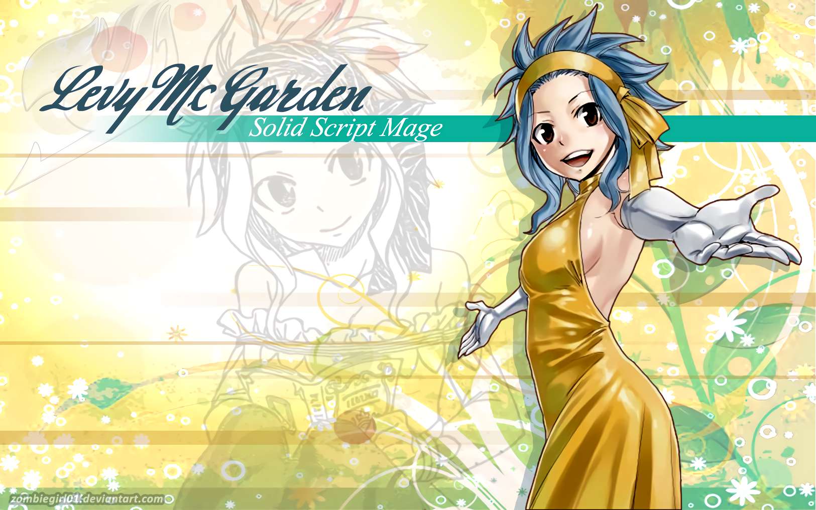 Levy McGarden Anime Girl Fairy Tail Headband Brown Eyes Smile Blue Hair Dress Yellow Dress Glove 1625x1016