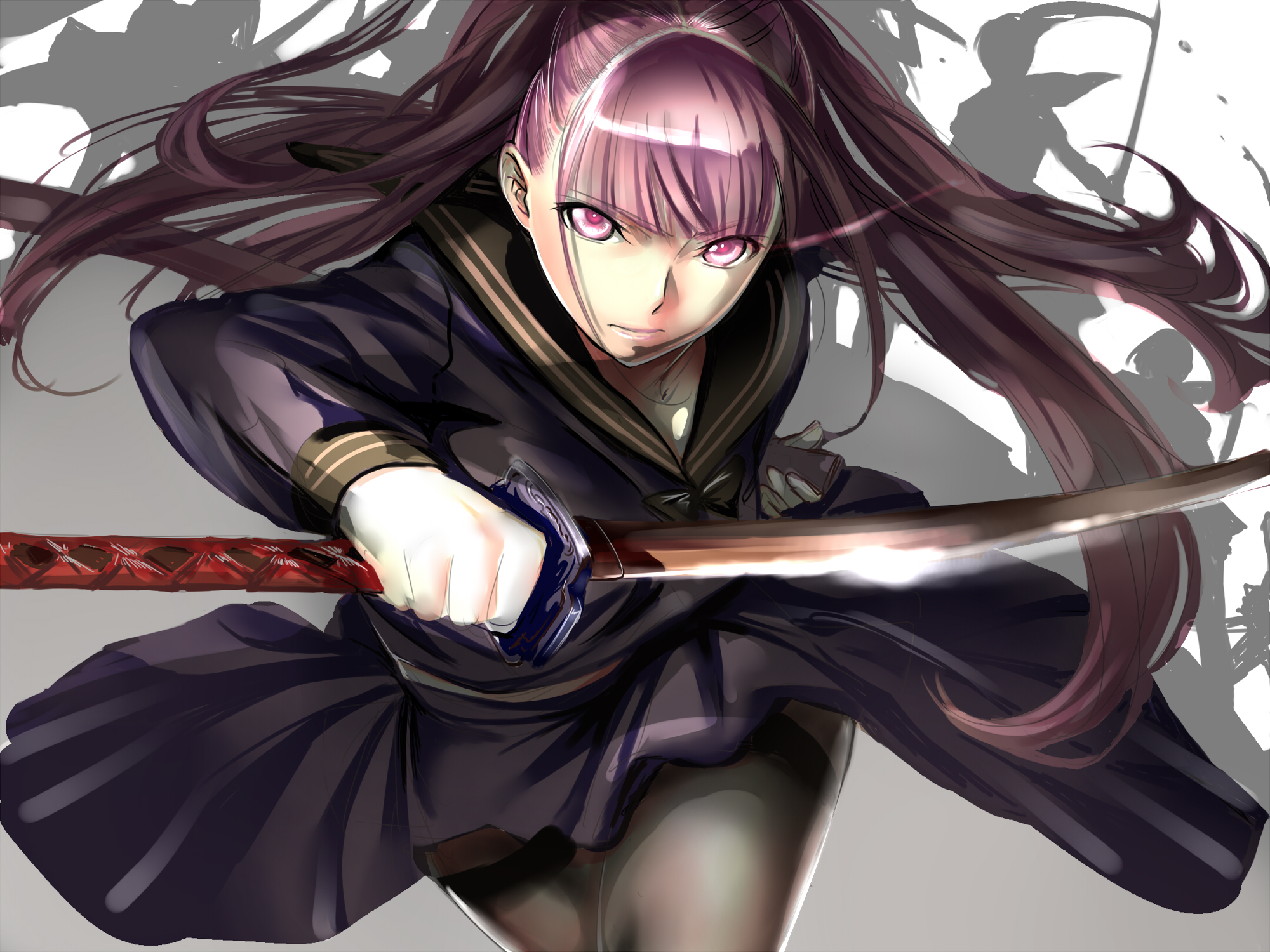 Anime Black Bullet Katana Long Hair Pantyhose Pink Eyes Purple Hair School Uniform Skirt Sword Weapo 2000x1500