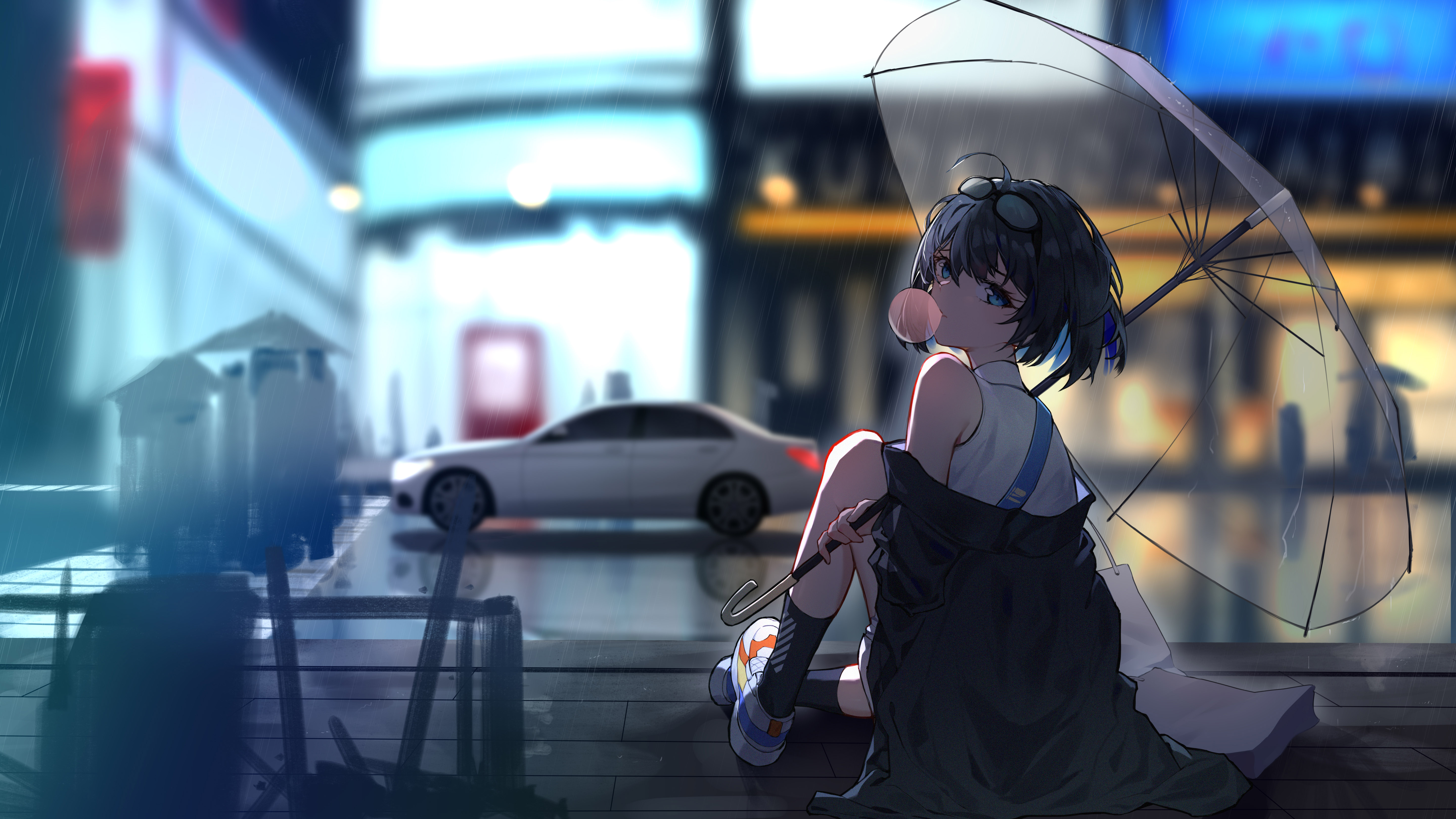 Anime Girls Simple Background Outdoors Umbrella Looking Back Short Hair Bubble Gum 5760x3240