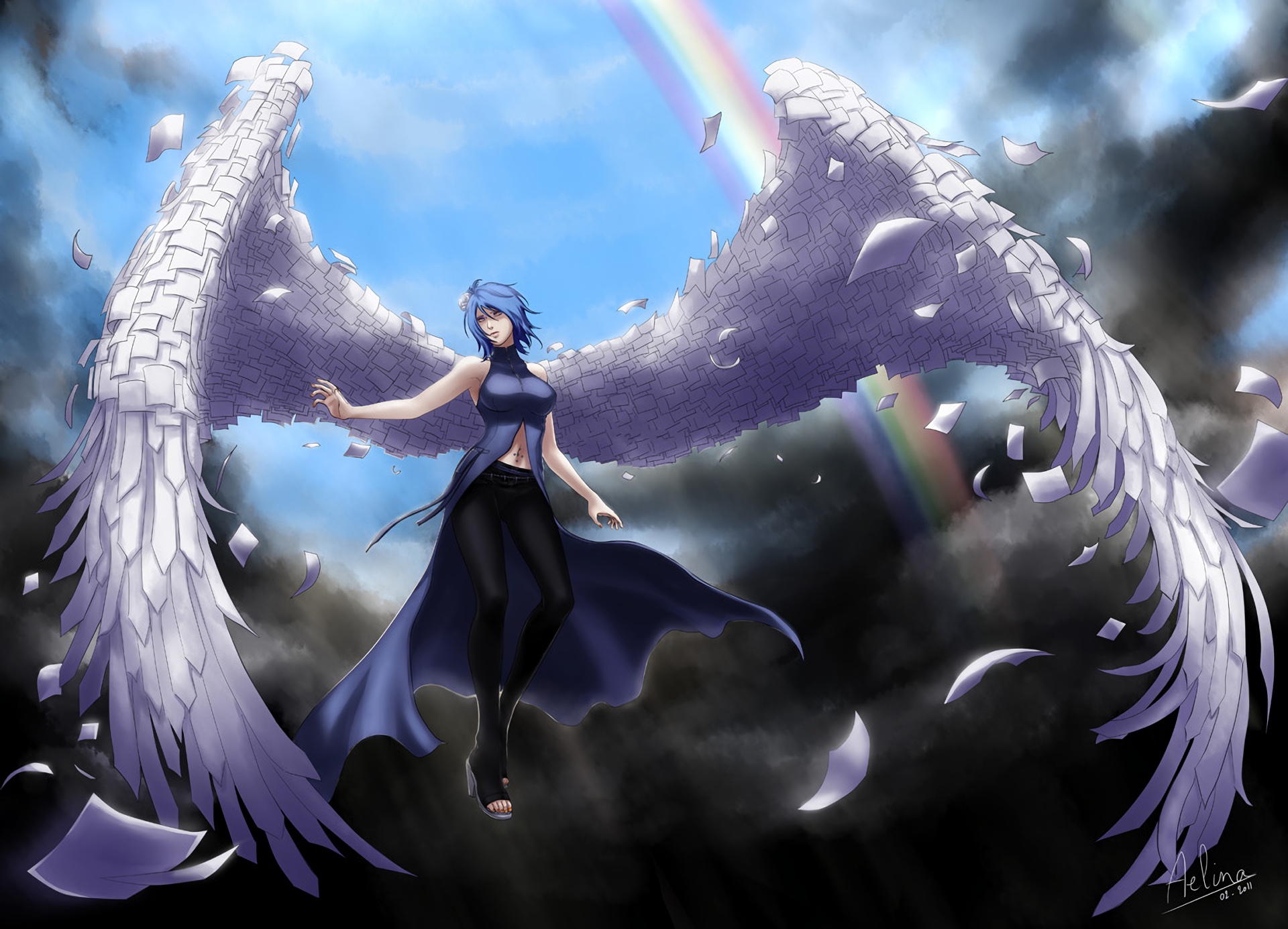 Konan Naruto Woman Naruto Wings Blue Hair Rainbow Paper Angel 1920x1386