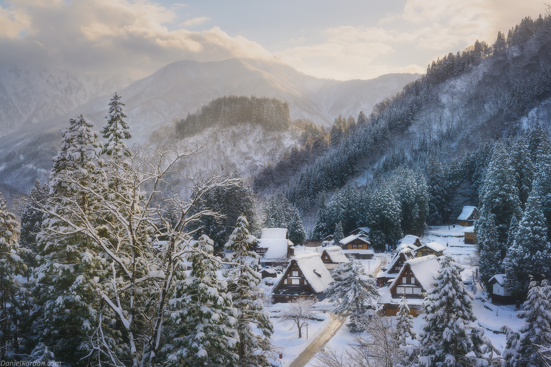 Daniel Kordan Landscape Japan Mountains Village Trees Horizon Sky Clouds Snowy Peak 1800x1200