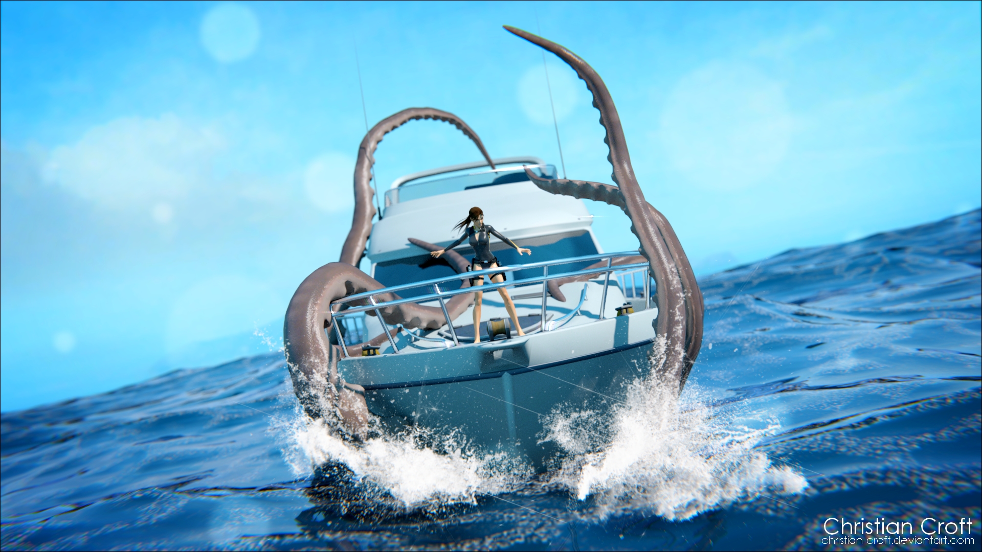 Kraken Lara Croft Octopus Tomb Raider Yacht Sea 1920x1080