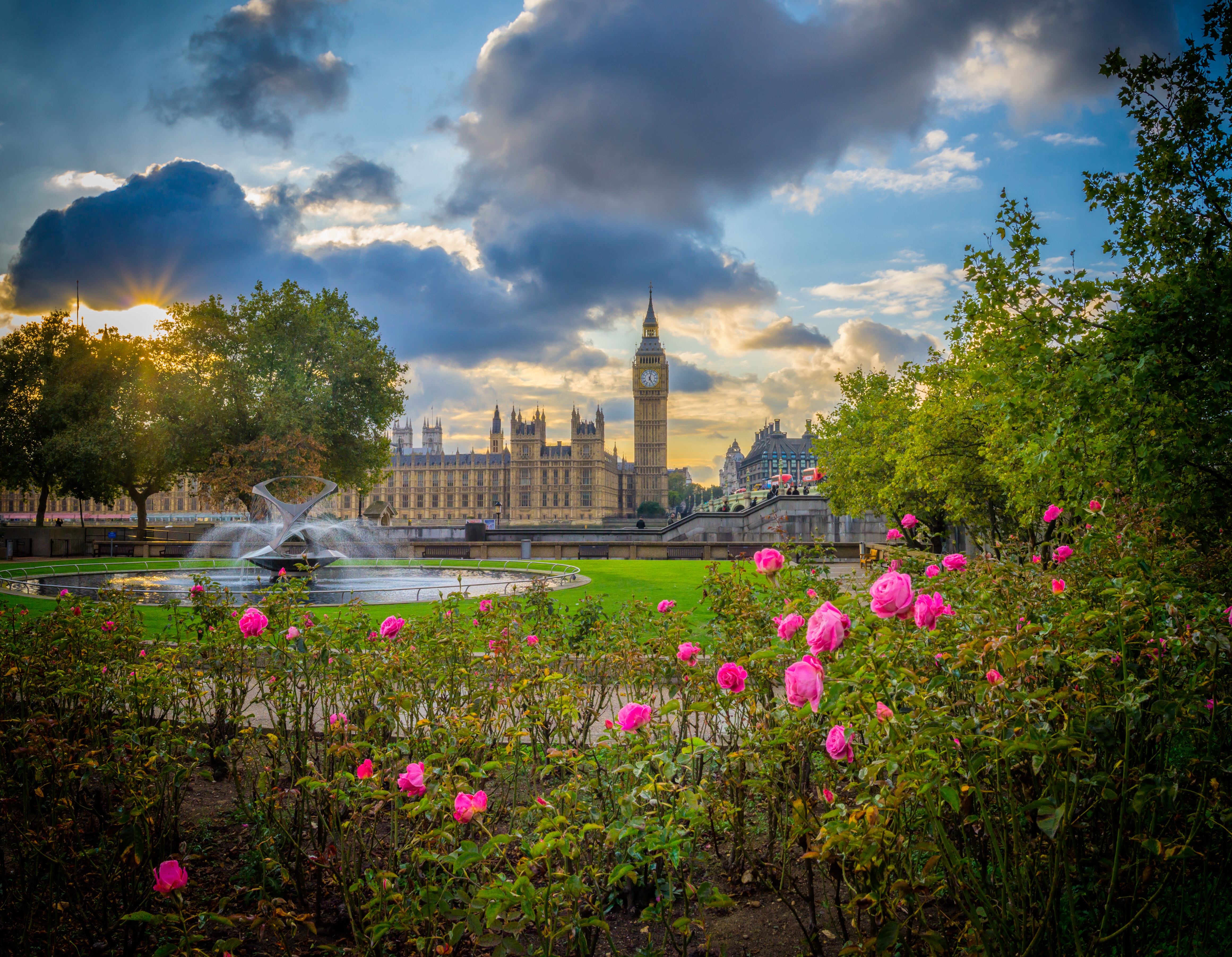 England Fountain Palace Of Westminster Big Ben Rose London Park 4642x3608