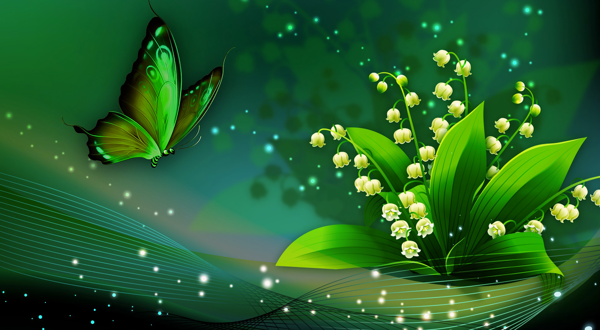 Artistic Butterfly Flower Green Lily Of The Valley 1920x1058