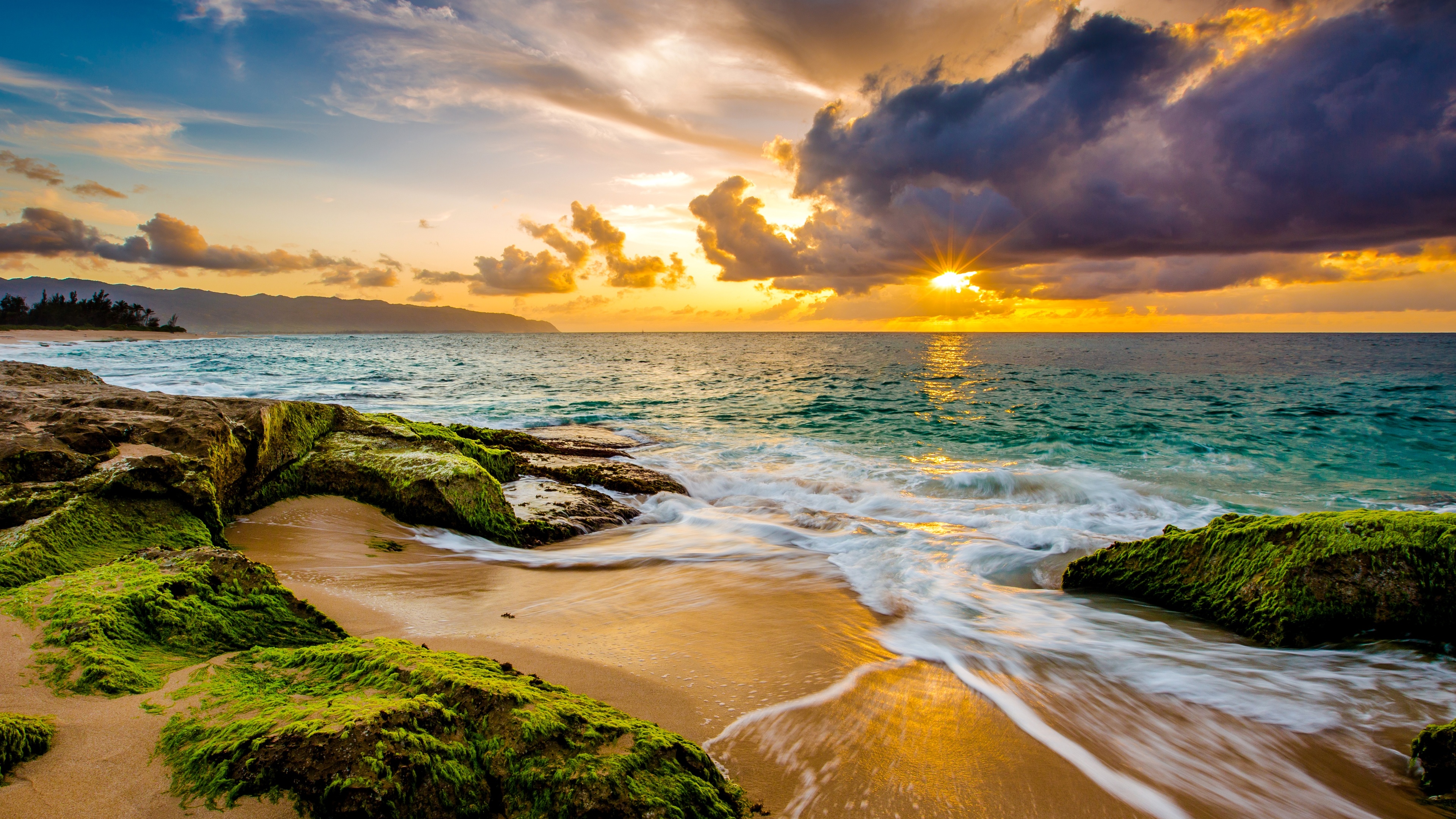 Sunset Sun Sunbeam Ocean Sea Hawaii Coast Horizon 3841x2160