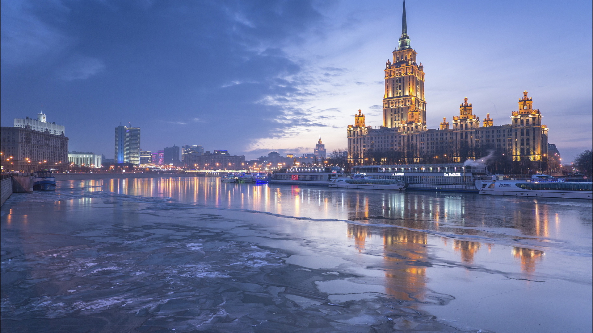 Architecture Building City Cityscape Moscow Reflection Winter River Ice Russia Capital Clouds Evenin 1920x1080