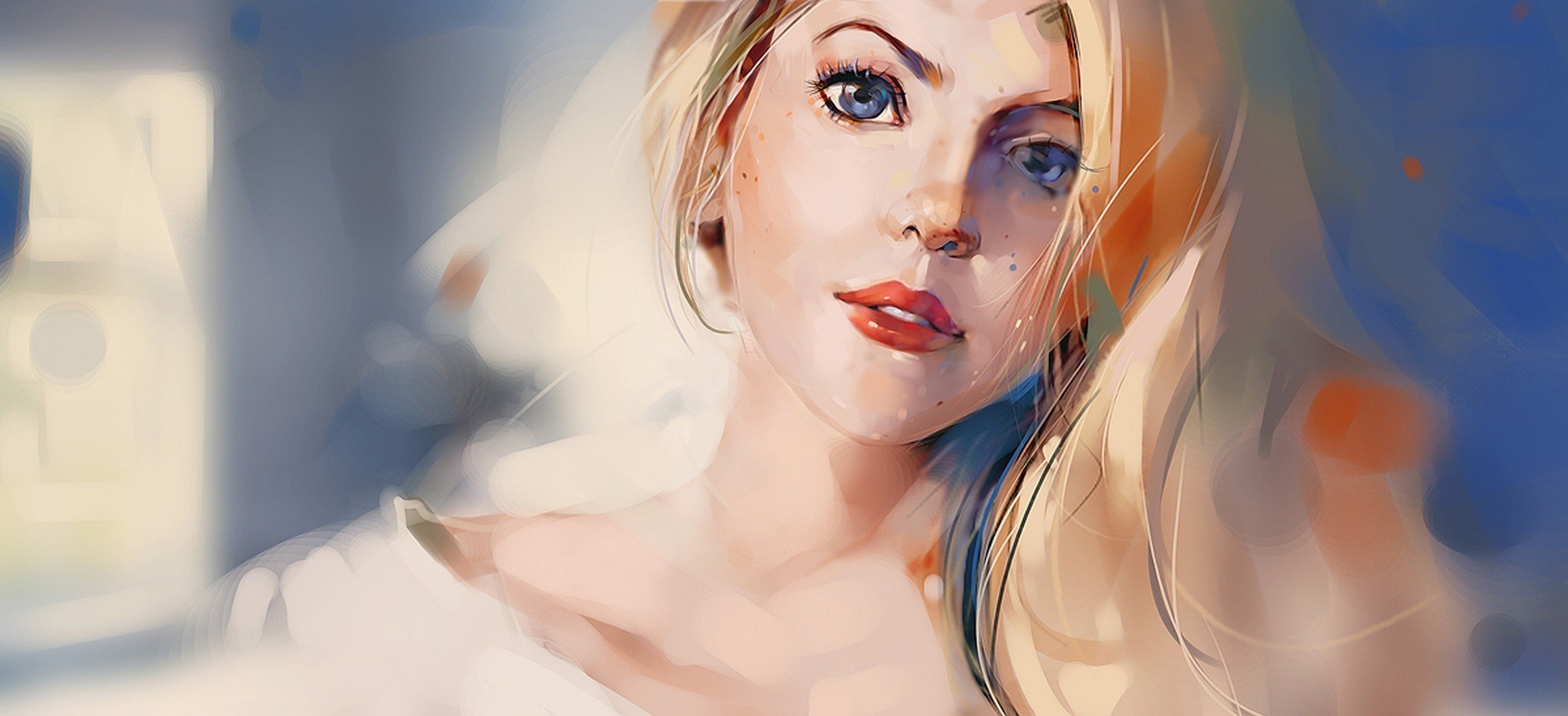Artistic Drawing Woman Girl Blonde Face Blue Eyes 2317x1058