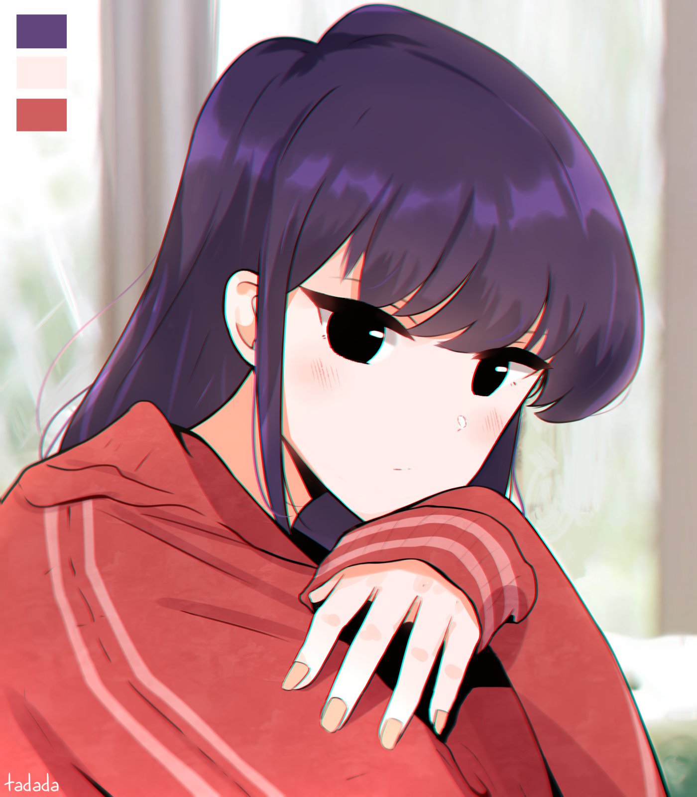 Komi San Wa Comyushou Desu Long Hair Black Hair Red Sweater Blushing Anime Girls Komi Shouko Looking 1400x1600
